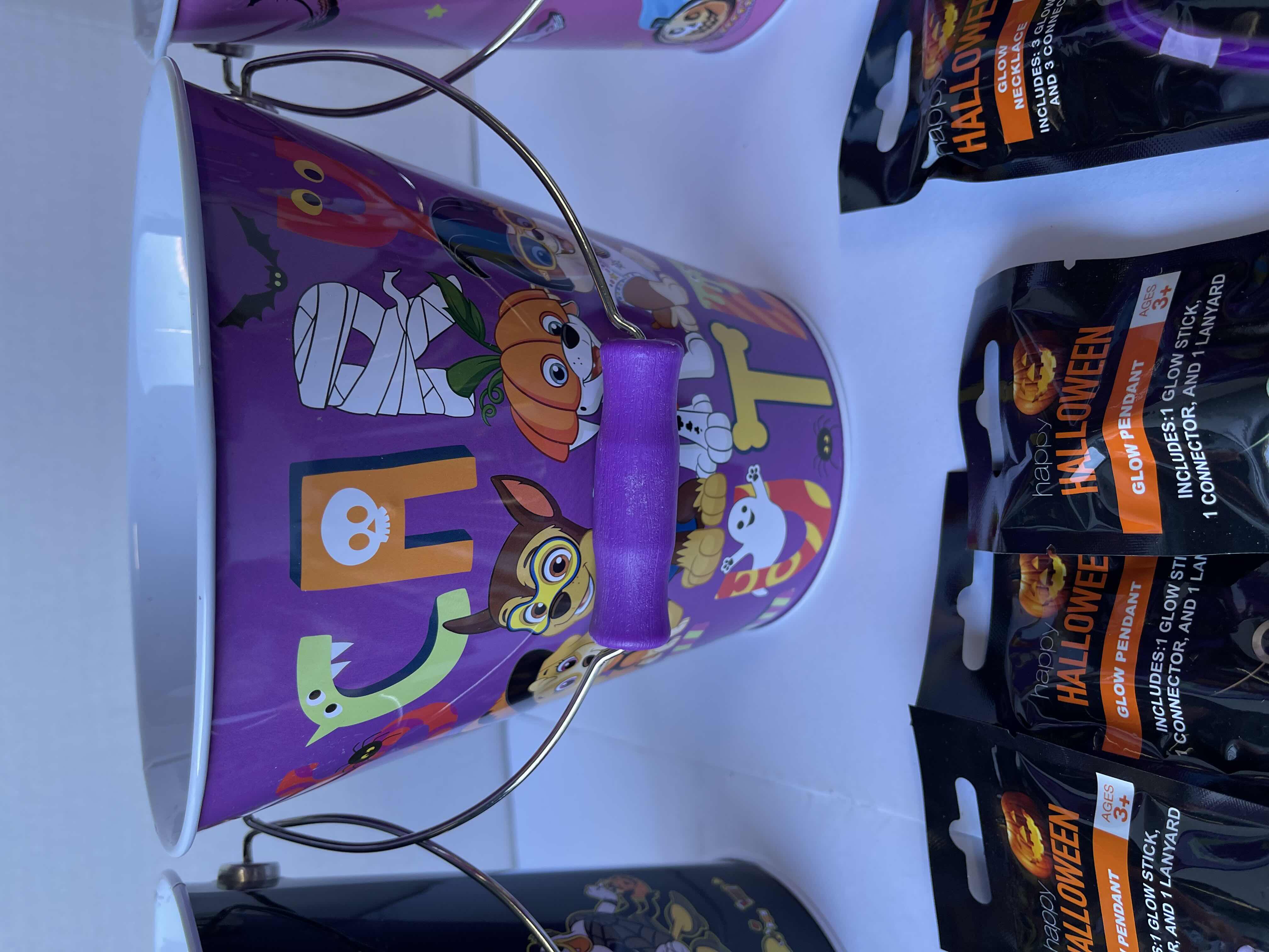 Photo 4 of DISNEY THEMED HALLOWEEN TRICK OR TREAT 7” METAL TIN BUCKETS (4) & GLOW NECKLACES, PENDANTS & WANDS (12)