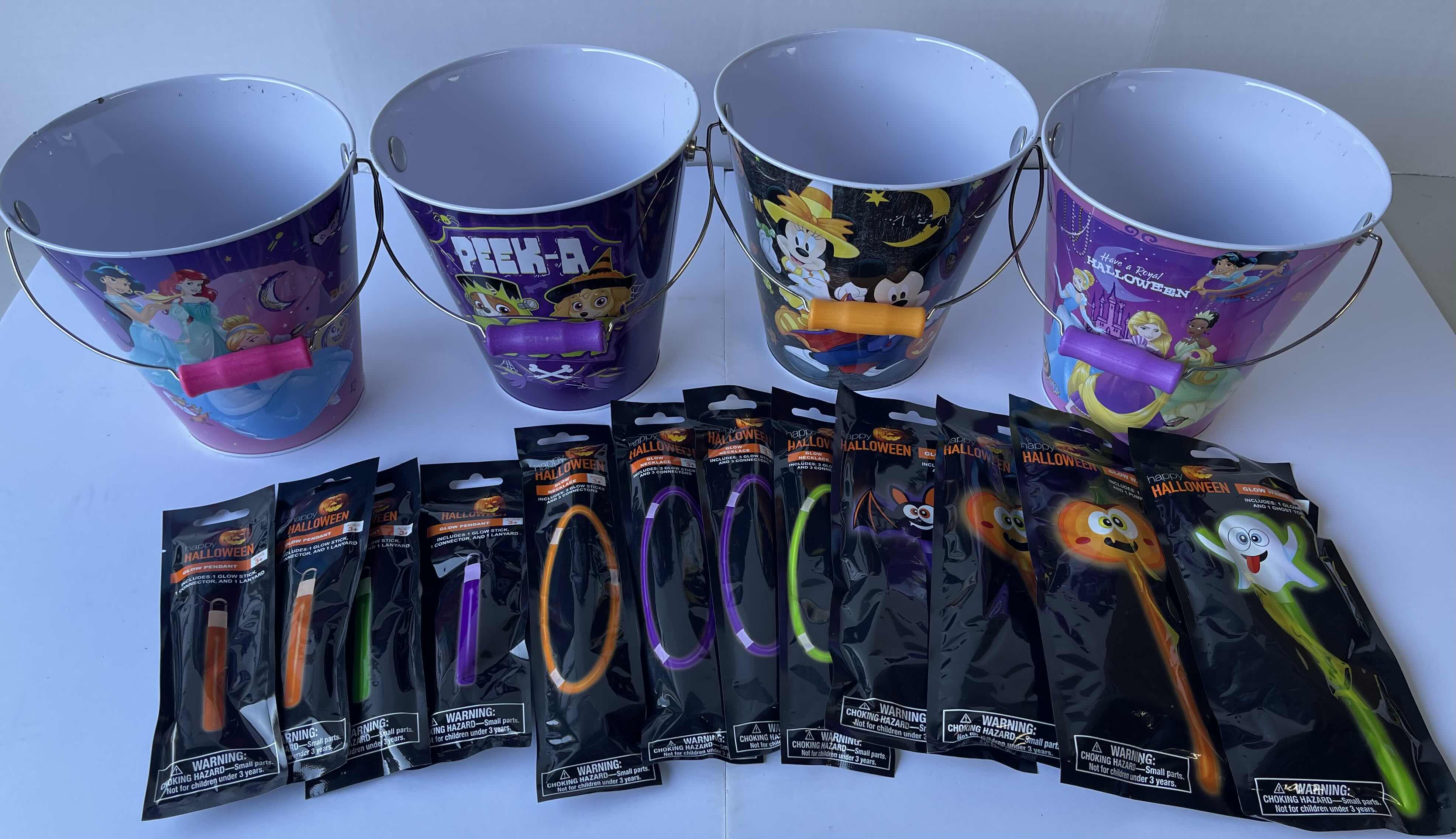 Photo 1 of DISNEY THEMED HALLOWEEN TRICK OR TREAT 7” METAL TIN BUCKETS (4) & GLOW NECKLACES, PENDANTS & WANDS (12)