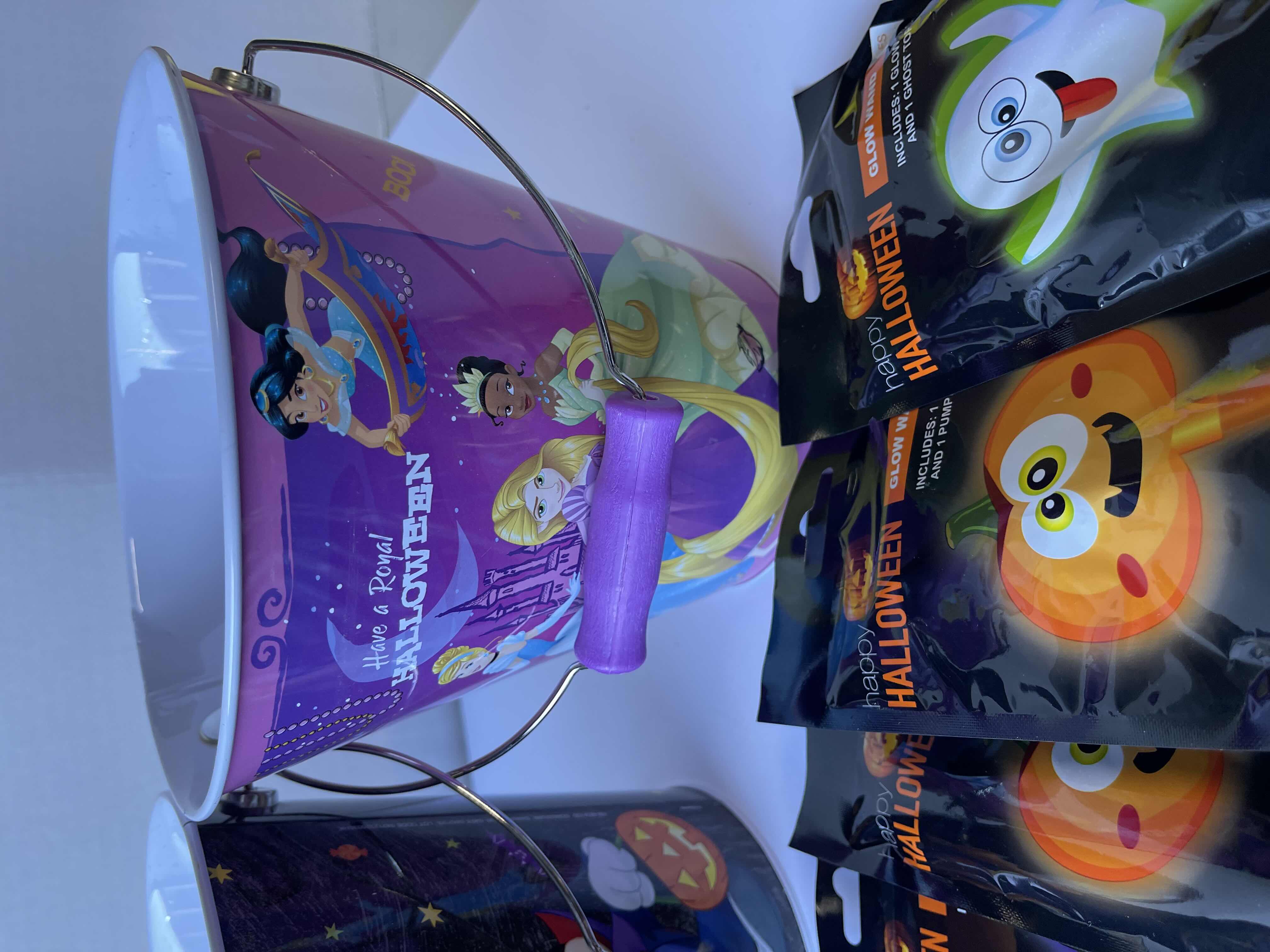 Photo 5 of DISNEY THEMED HALLOWEEN TRICK OR TREAT 7” METAL TIN BUCKETS (4) & GLOW NECKLACES, PENDANTS & WANDS (12)