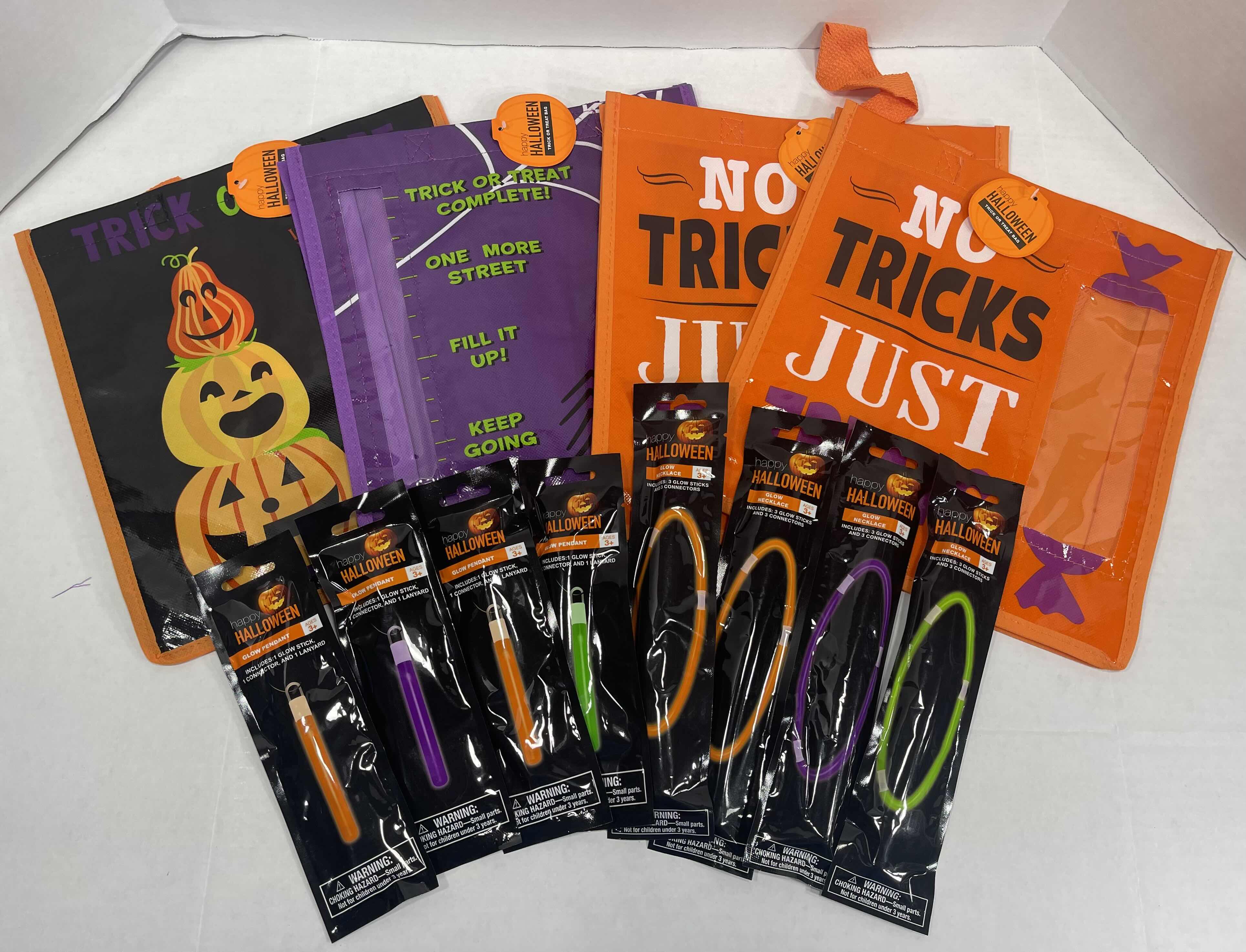 Photo 1 of HAPPY HALLOWEEN 12” TRICK OR TREAT BAGS SEWN HANDLES WITH WINDOW (4), GLOW PENDANTS (4) & GLOW NECKLACES (4) NEW