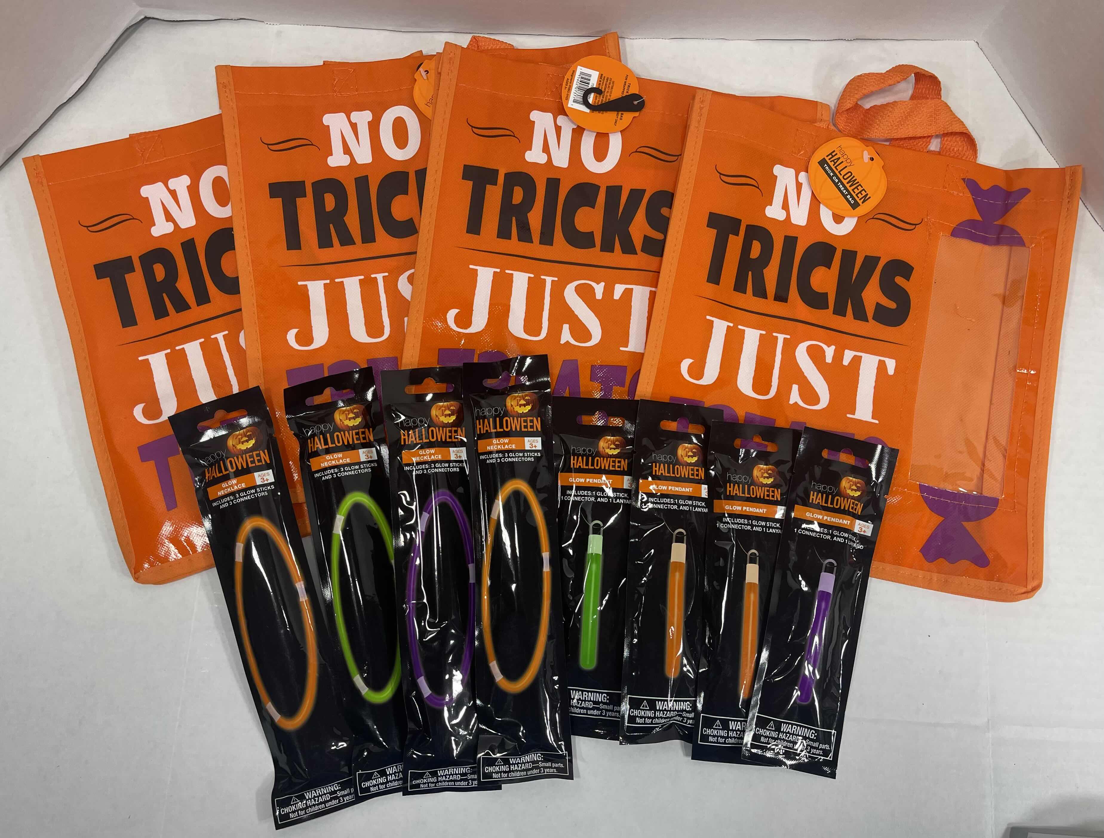 Photo 1 of HAPPY HALLOWEEN 12” ORANGE TRICK OR TREAT BAGS SEWN HANDLES WITH WINDOW (4), GLOW PENDANTS (4) & GLOW NECKLACES (4) NEW