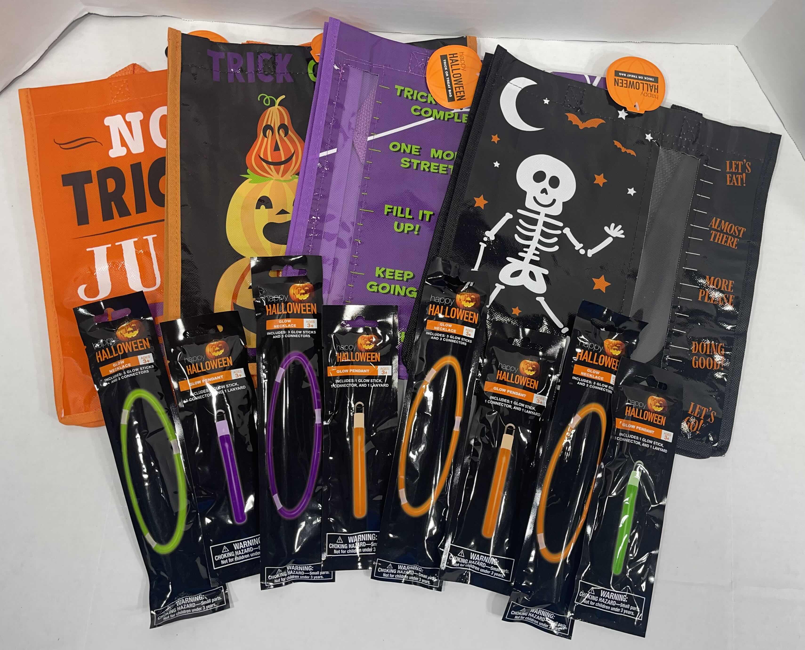 Photo 1 of HALLOWEEN 12” TRICK OR TREAT BAGS ASSORTED SEWN HANDLES WITH WINDOW (4), GLOW PENDANTS (4) & GLOW NECKLACES (4) NEW