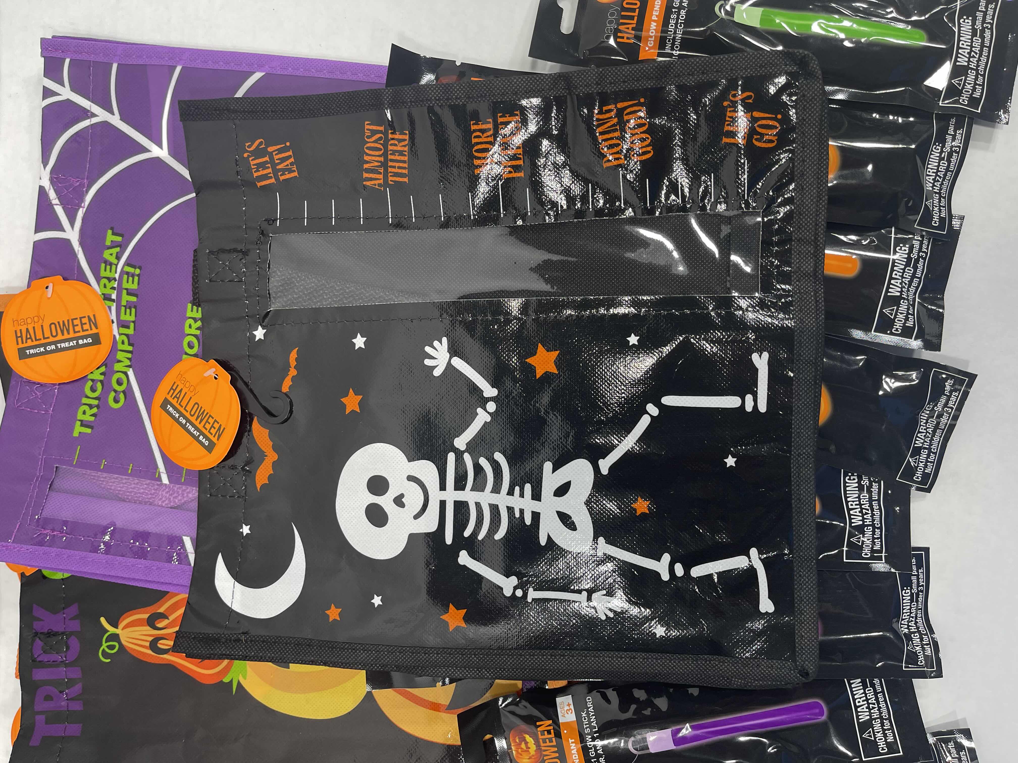 Photo 2 of HALLOWEEN 12” TRICK OR TREAT BAGS ASSORTED SEWN HANDLES WITH WINDOW (4), GLOW PENDANTS (4) & GLOW NECKLACES (4) NEW