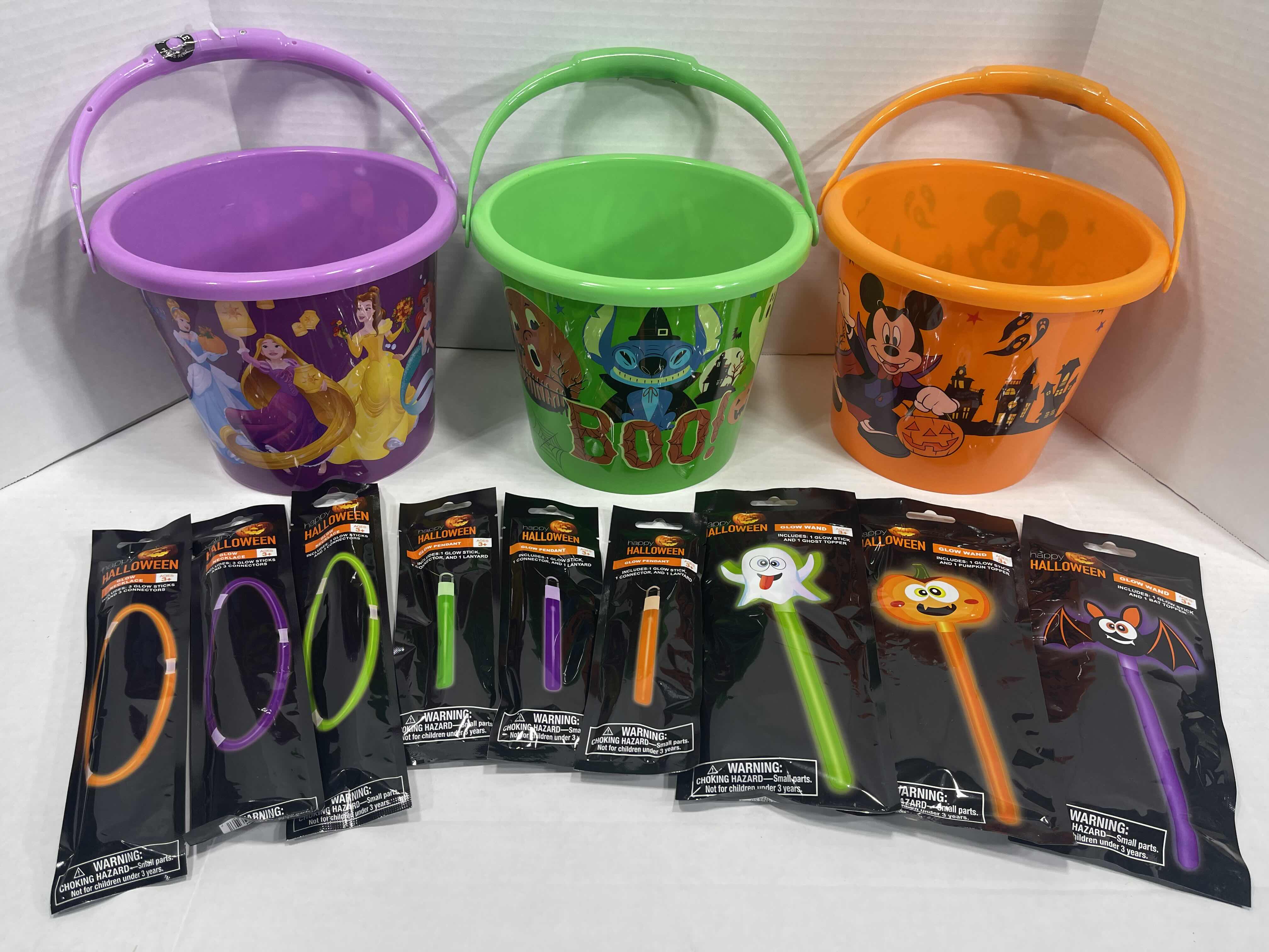 Photo 1 of DISNEY THEMED 7” LIGHT-UP HANDLE TRICK OR TREAT PAILS (3), GLOW NECKLACES (3), GLOW CHARACTER WANDS (3) & GLOW PENDANTS 