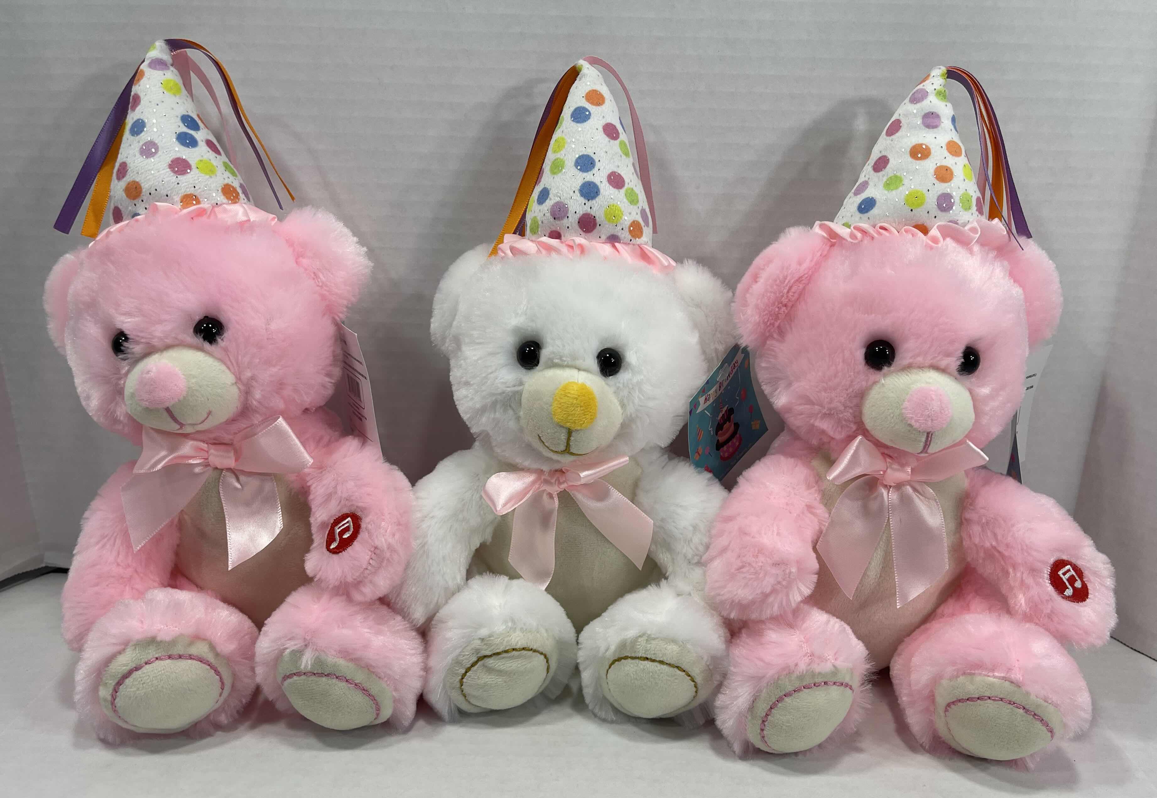 Photo 1 of LINZY 12” HAPPY BIRTHDAY SINGING AND LIGHT-UP BEAR PLUSH (2) PINK & (1) WHITE MSRP $45