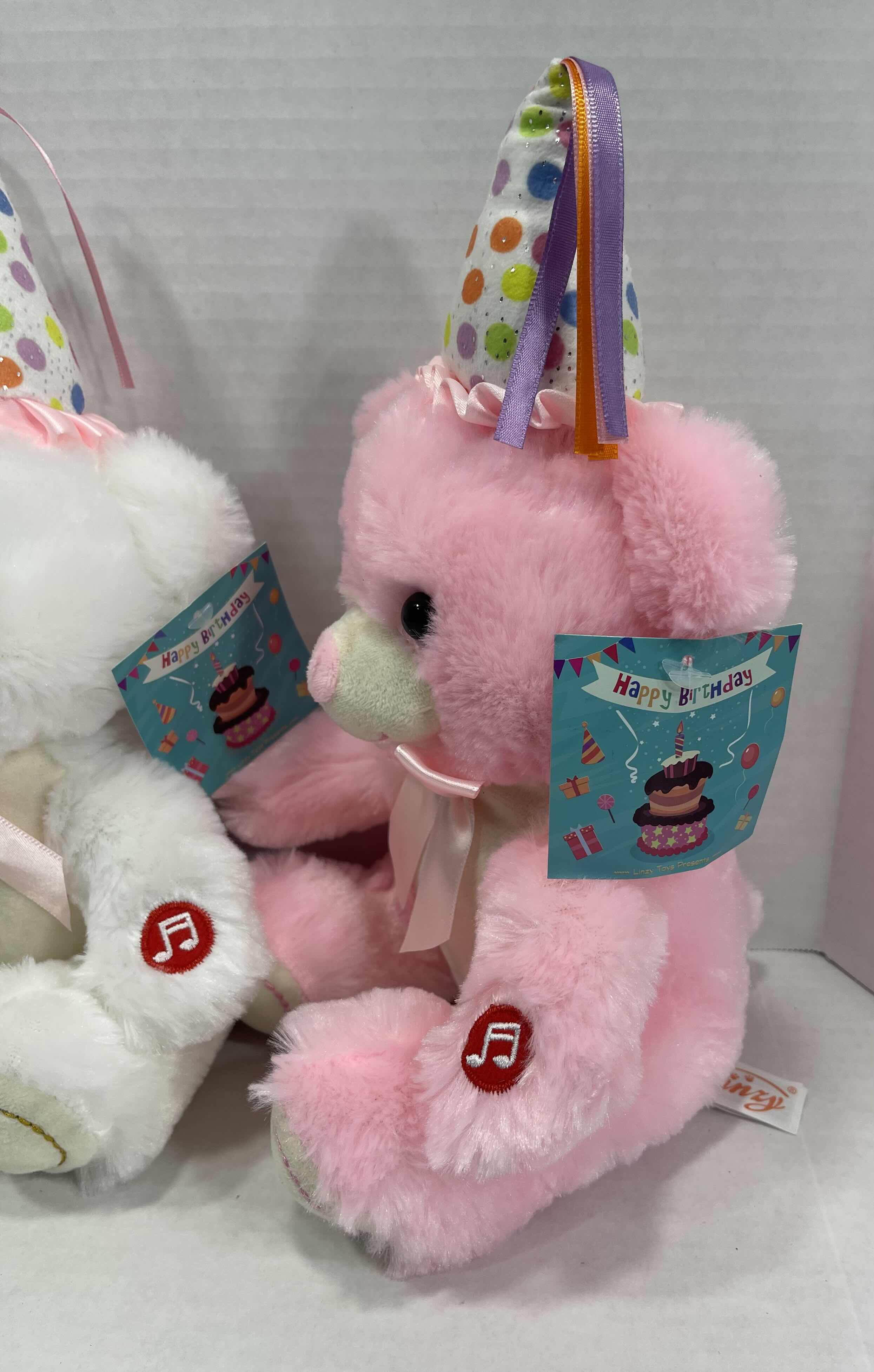 Photo 3 of LINZY 12” HAPPY BIRTHDAY SINGING AND LIGHT-UP BEAR PLUSH (2) PINK & (1) WHITE MSRP $45