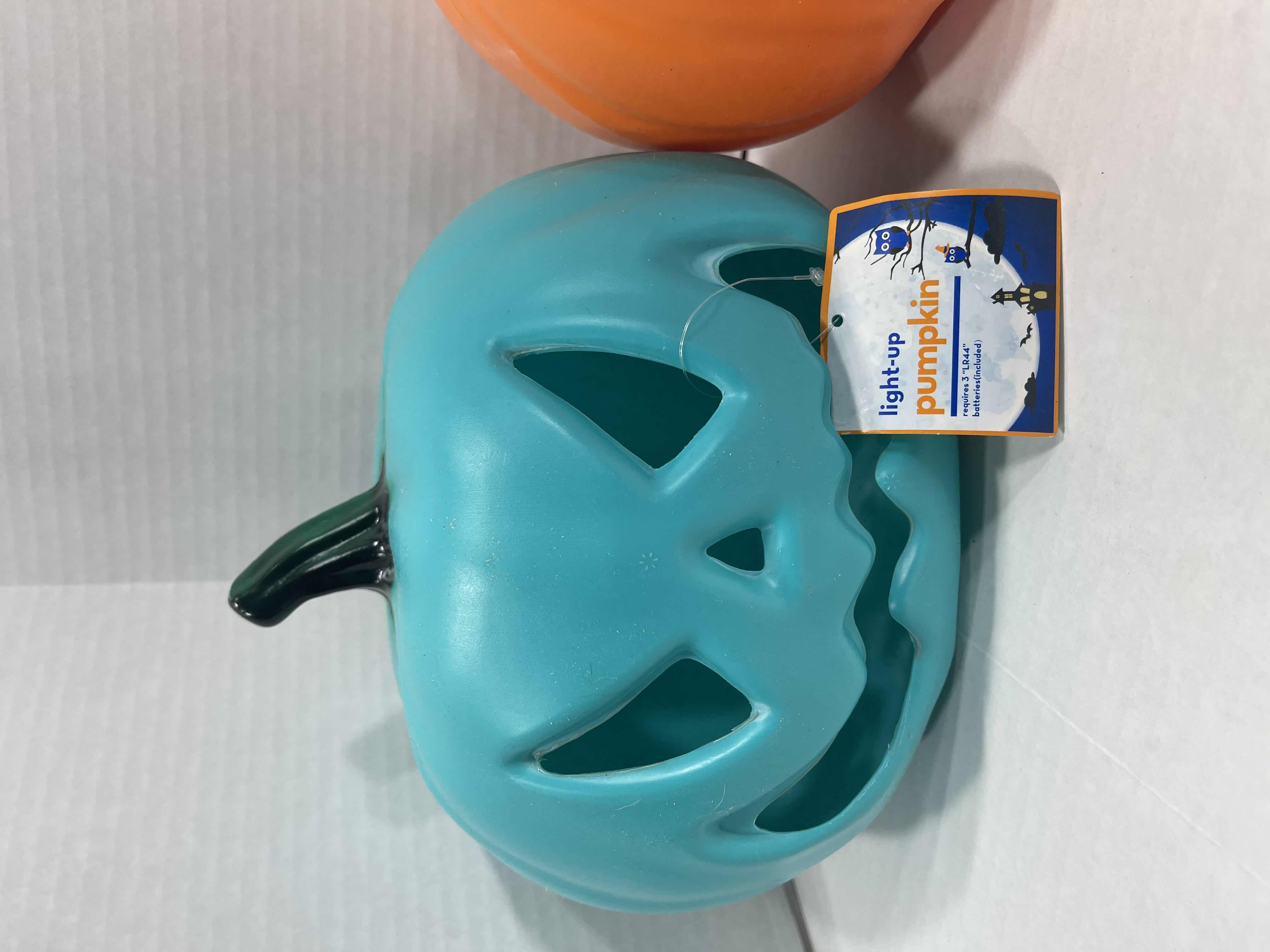 Photo 3 of LIGHT-UP LED 7” PUMPKINS (3) - TURQUOISE/GREEN (2) & ORANGE (1) MSRP $75