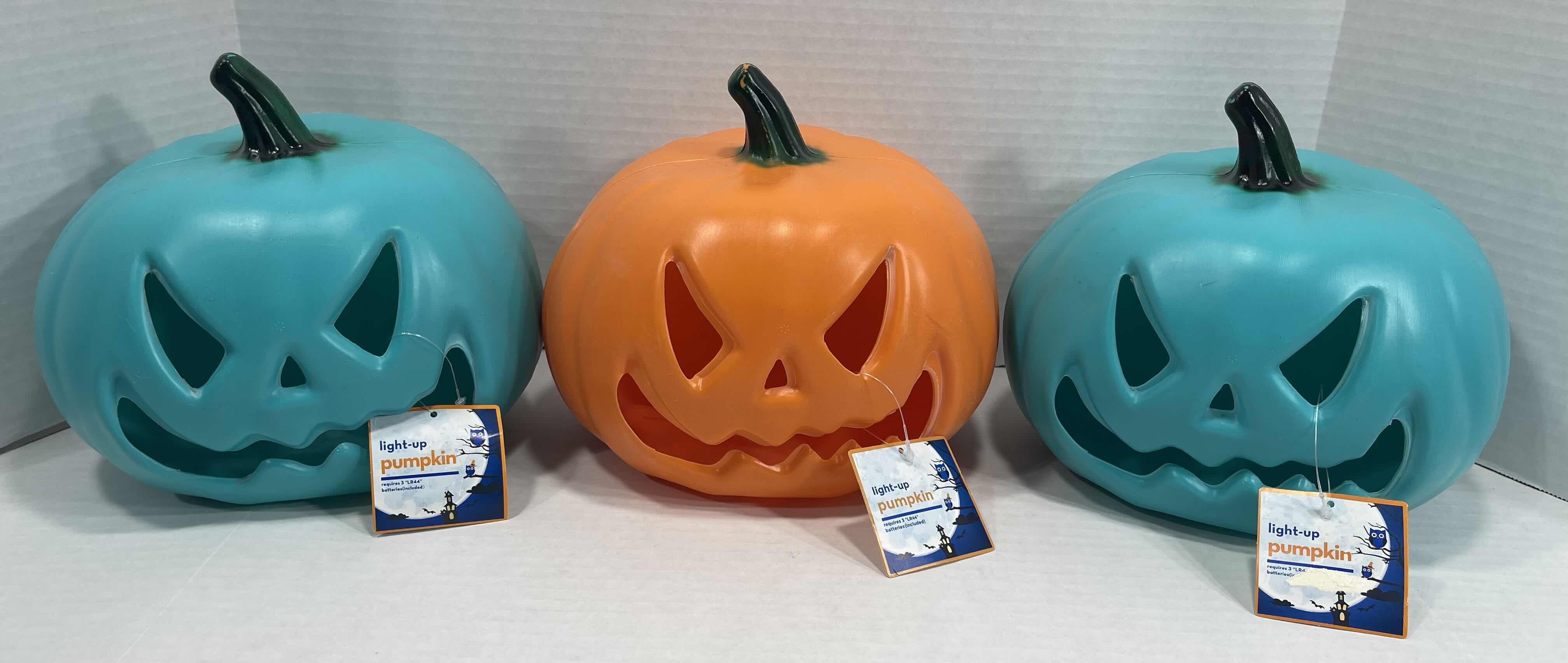 Photo 1 of LIGHT-UP LED 7” PUMPKINS (3) - TURQUOISE/GREEN (2) & ORANGE (1) MSRP $75