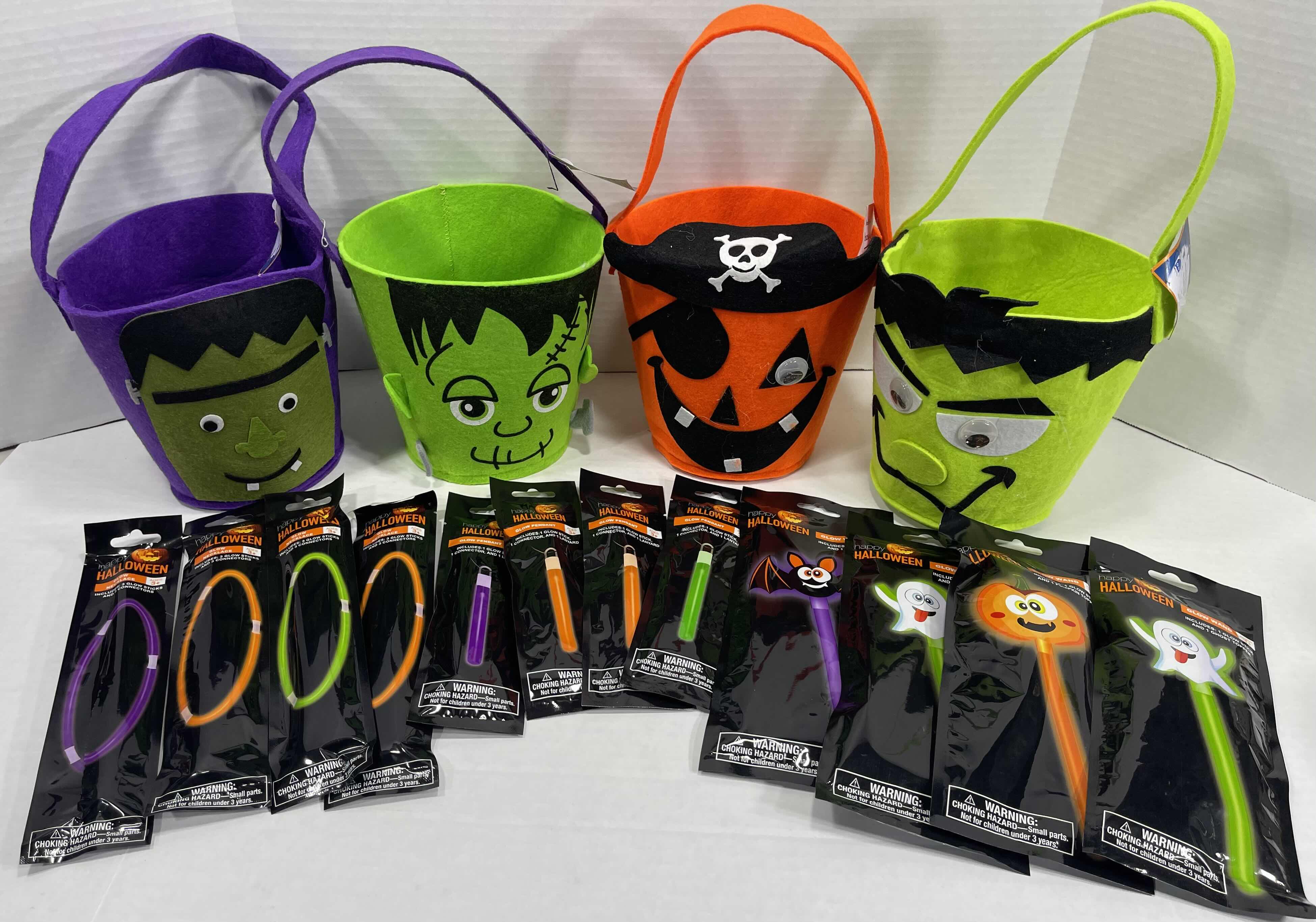 Photo 1 of HALLOWEEN 7” FELT TREAT PAILS (4) NWT - GLOW WANDS (4), GLOW NECKLACES (4) & GLOW PENDANTS (4) MSRP $40