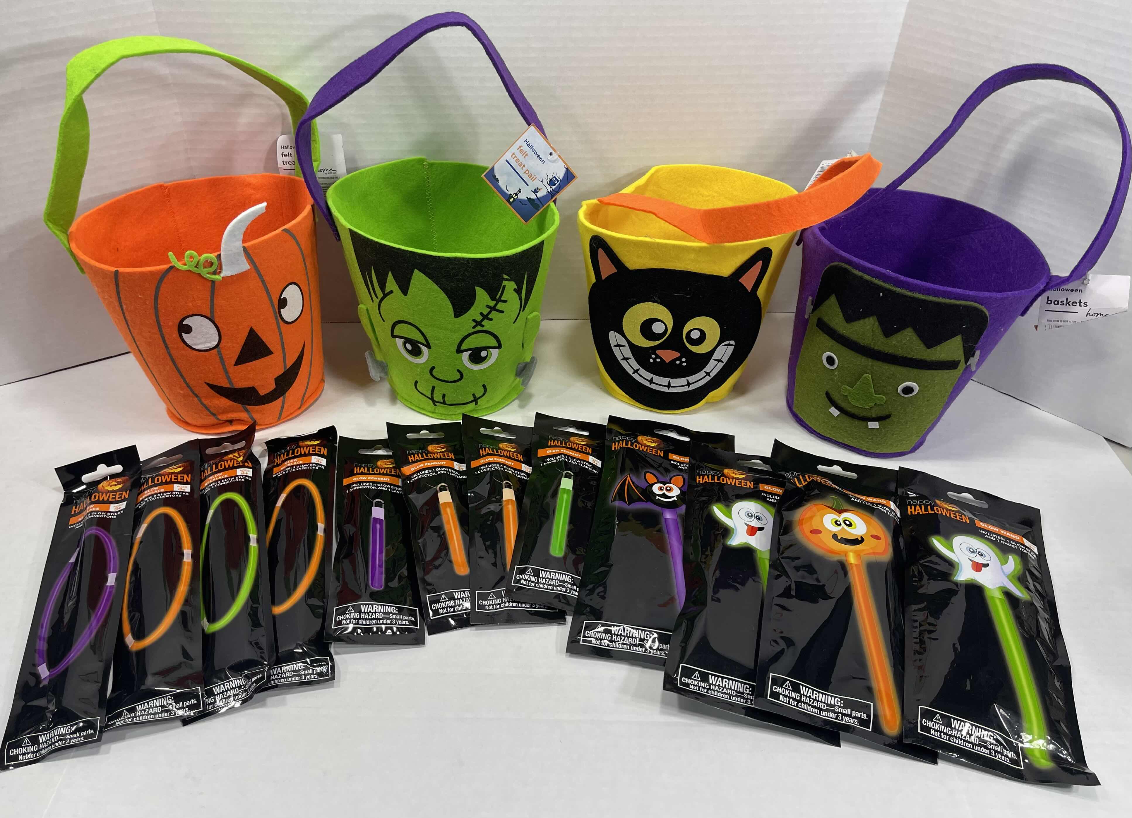 Photo 1 of HALLOWEEN 7” FELT TREAT PAILS (4) NWT - GLOW WANDS (4), GLOW NECKLACES (4) & GLOW PENDANTS (4) MSRP $40