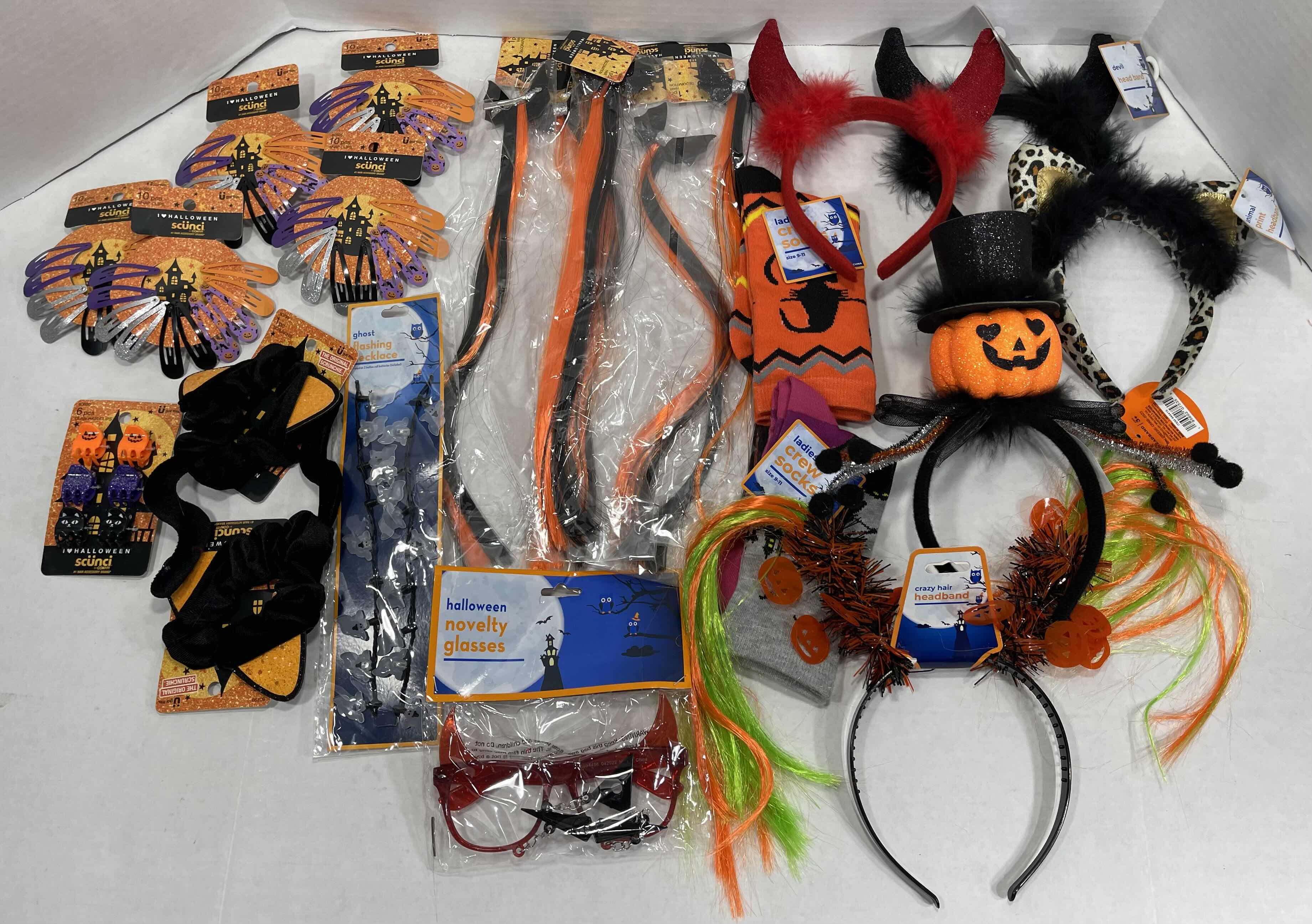 Photo 1 of FUN LADIES HALLOWEEN ACCESSORIES LOT - HEAD WEARS, HEAD BANDS, SOCKS, NECKLACE & GLASSES MSRP $40