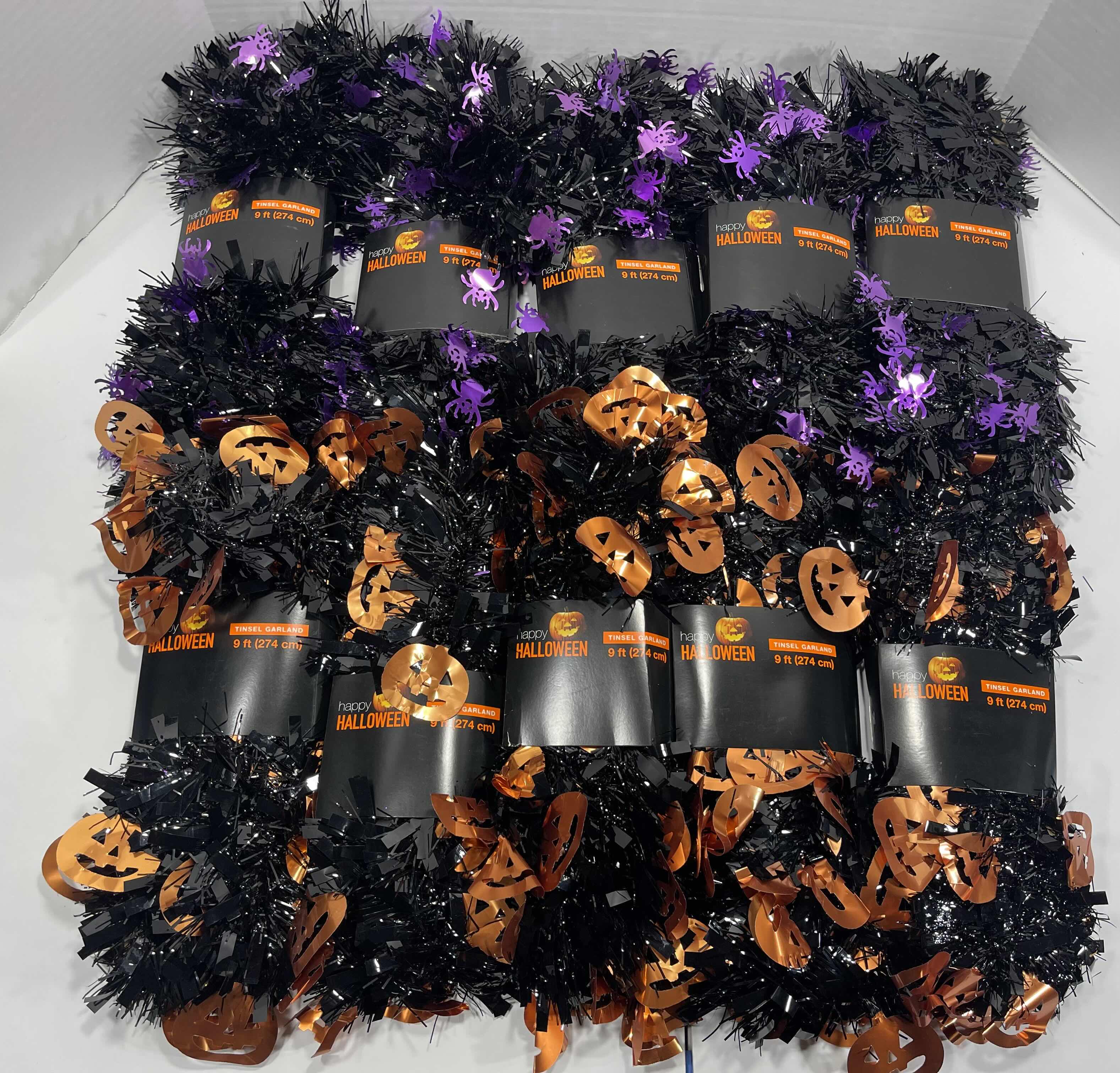 Photo 4 of HALLOWEEN TINSEL GARLAND - BLACK WITH PURPLE SPIDERS 9’ (5) & BLACK WITH ORANGE PUMPKINS 9’ (5) MSRP $80