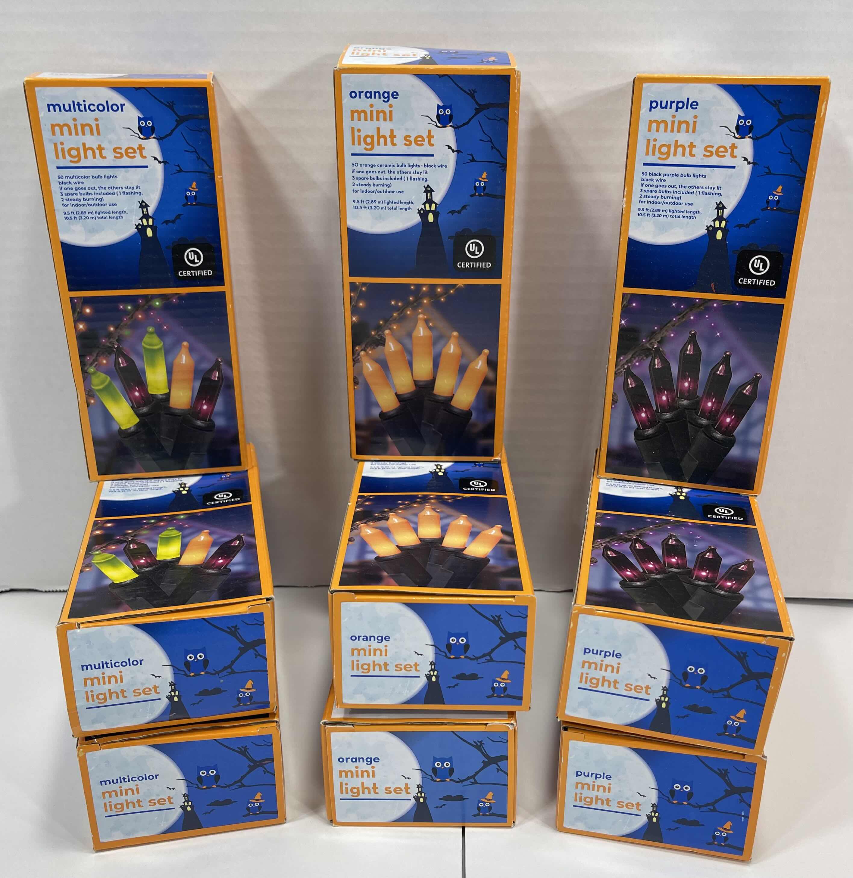 Photo 1 of MINI LIGHT INDOOR/OUTDOOR BOX SETS (9) - MULTICOLOR (3), ORANGE (3) & PURPLE (3) $70