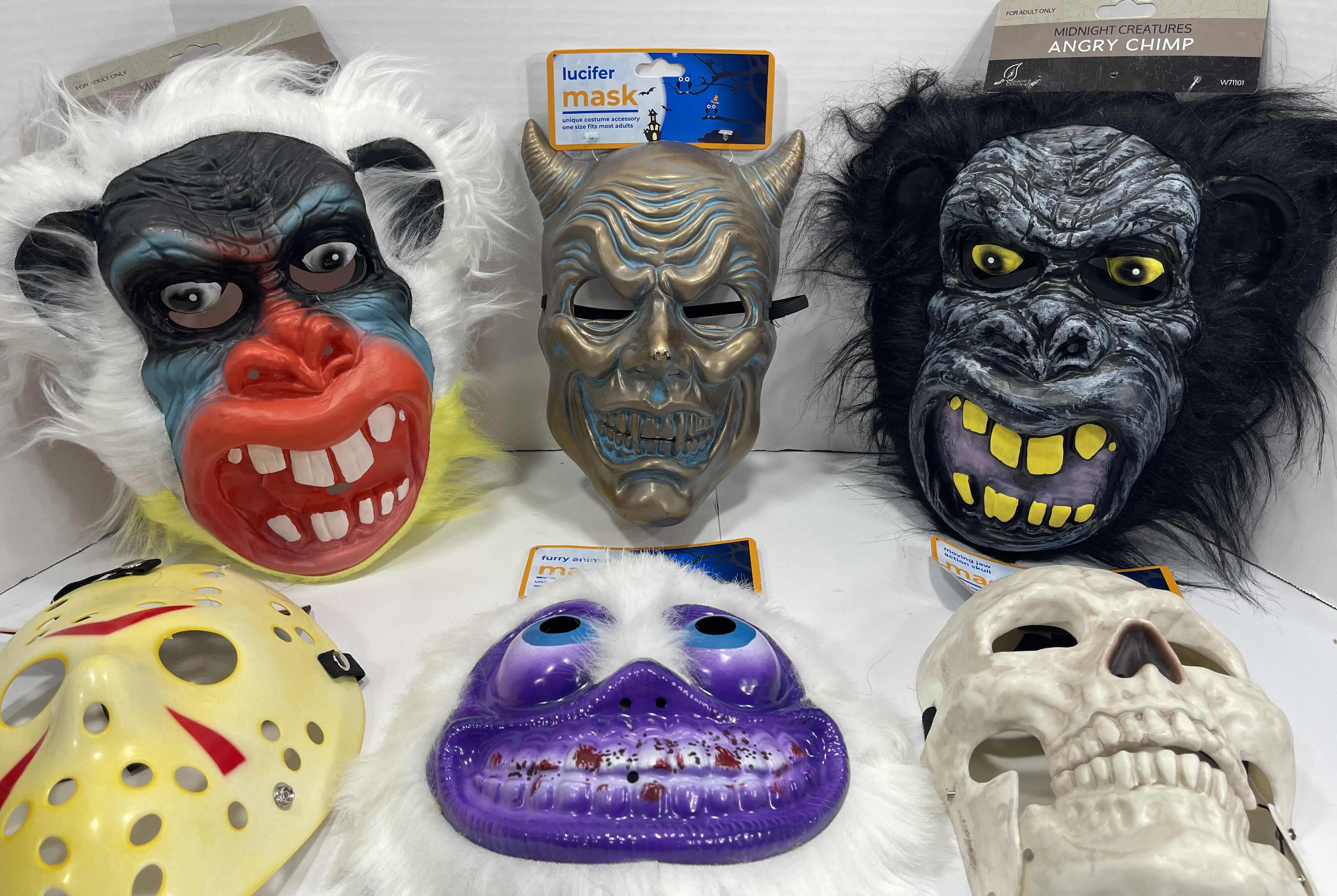 Photo 3 of ADULT ONE SIZE FITS MOST HALLOWEEN PLASTIC MASKS (6) TALLEST MEASURES 11” MSRP $60