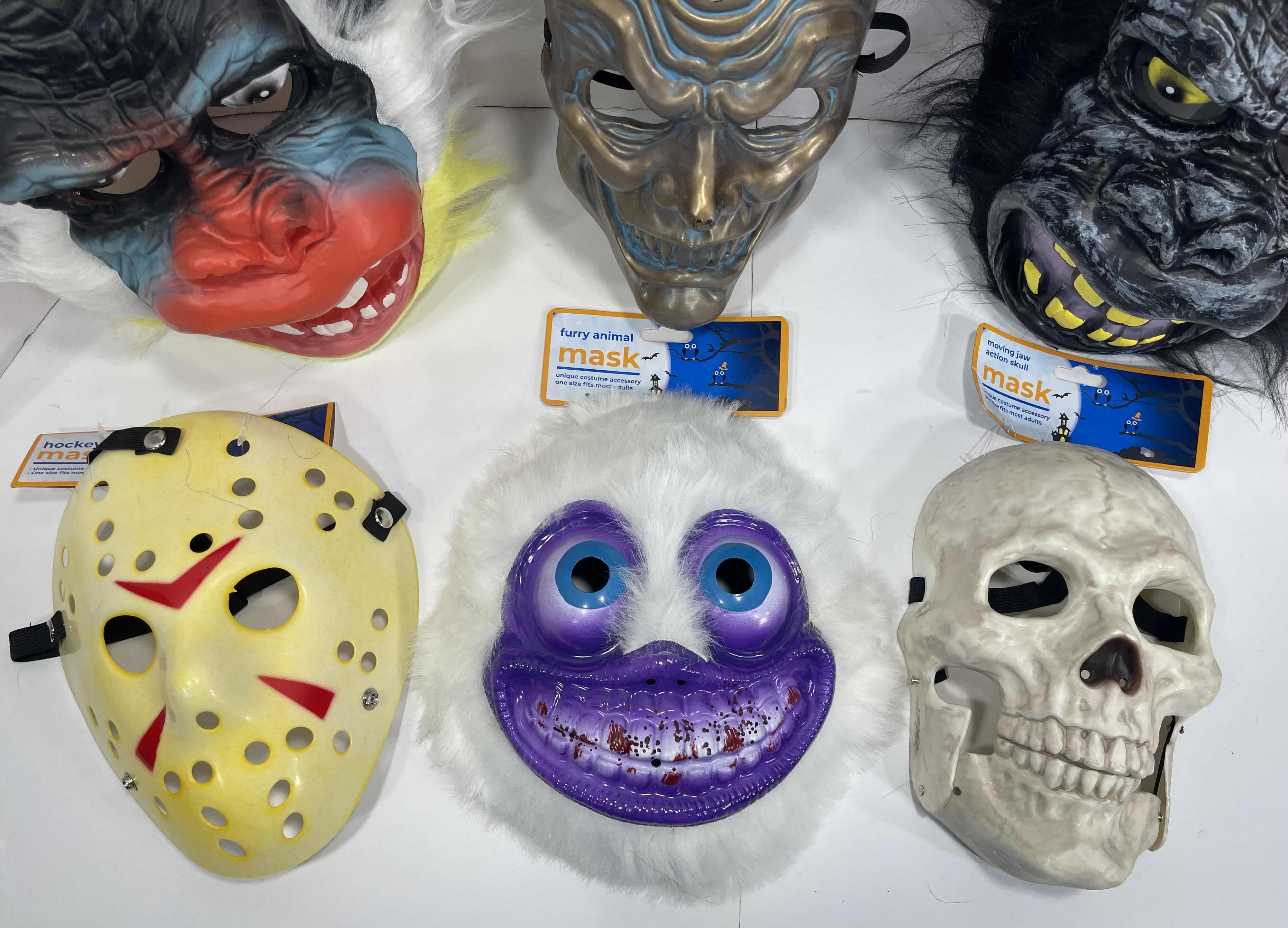 Photo 2 of ADULT ONE SIZE FITS MOST HALLOWEEN PLASTIC MASKS (6) TALLEST MEASURES 11” MSRP $60