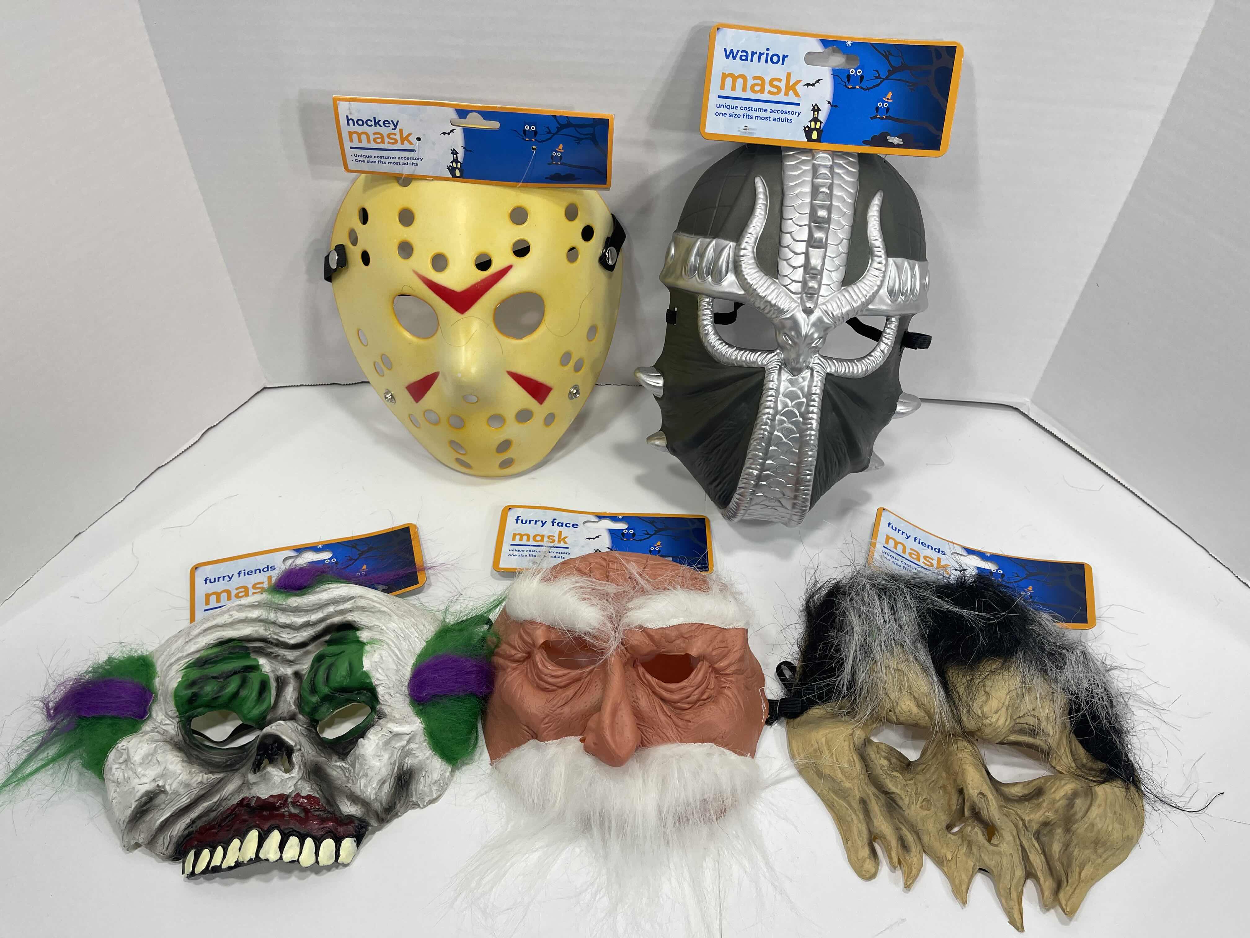 Photo 1 of ADULT ONE SIZE FITS MOST HALLOWEEN PLASTIC MASKS (2)  & FURRY FRIENDS RUBBER MASKS (3) MSRP $45