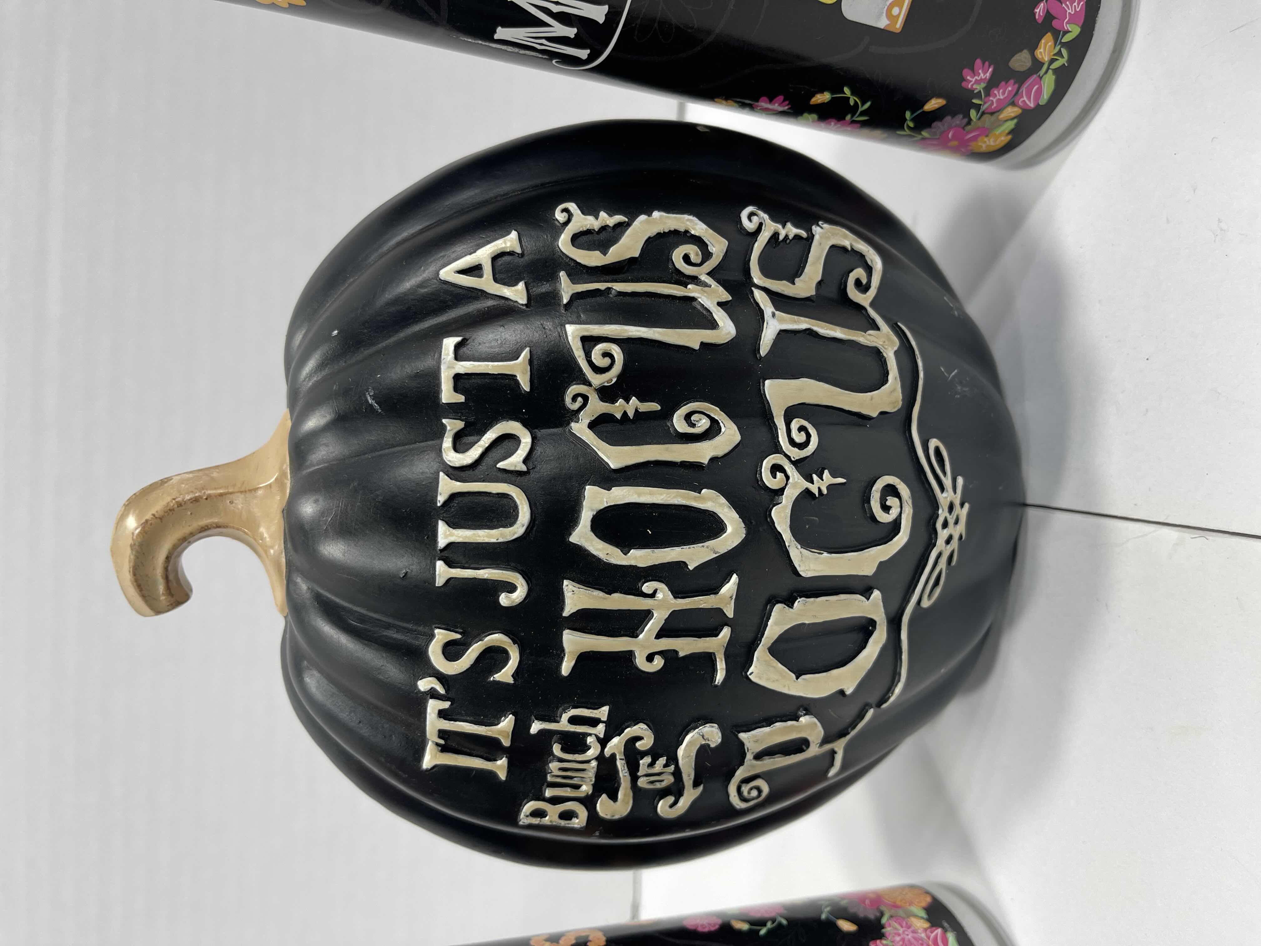 Photo 3 of HALLOWEEN HOME DECOR - RESIN HOCUS POCUS BLACK PUMPKINS 7.5” (3) & DAY OF THE FEAD CANDLE JARS 8” (2)