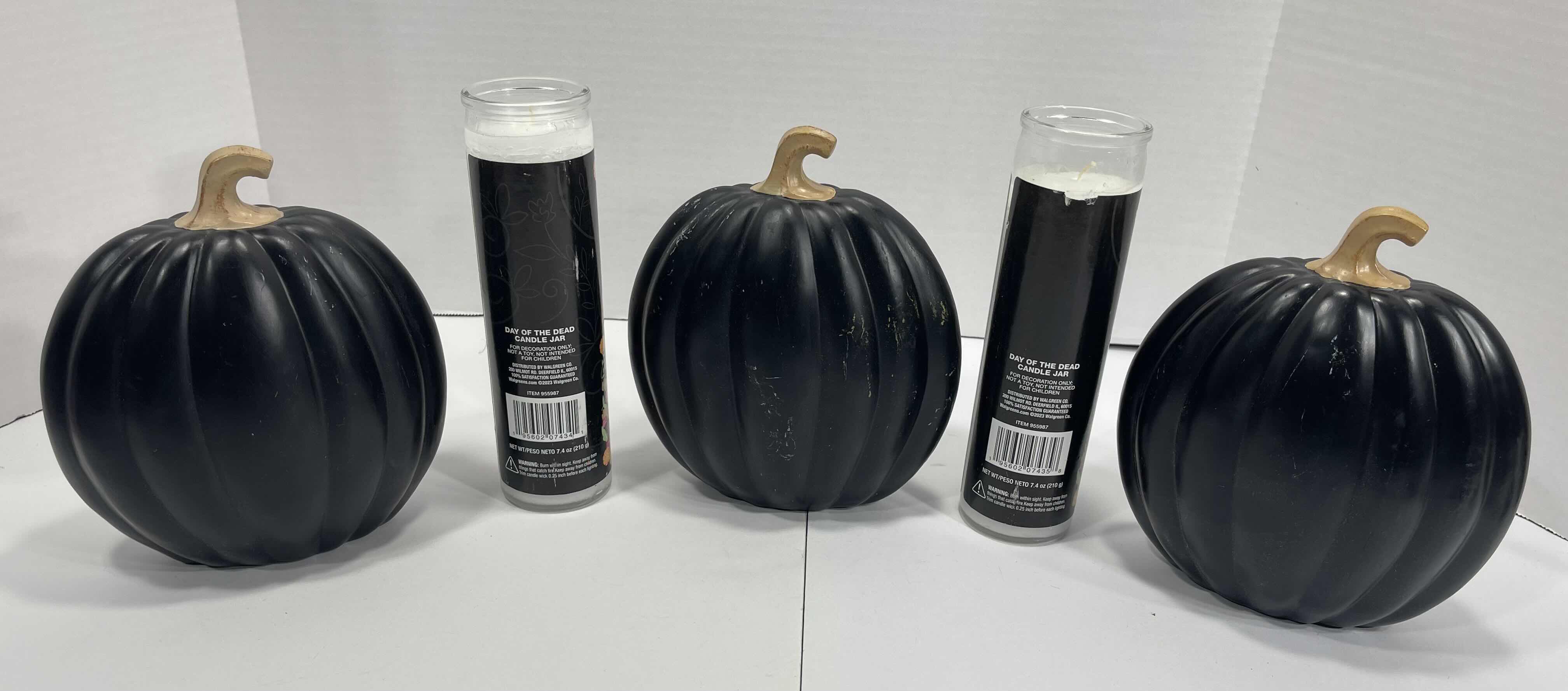 Photo 5 of HALLOWEEN HOME DECOR - RESIN HOCUS POCUS BLACK PUMPKINS 7.5” (3) & DAY OF THE FEAD CANDLE JARS 8” (2)