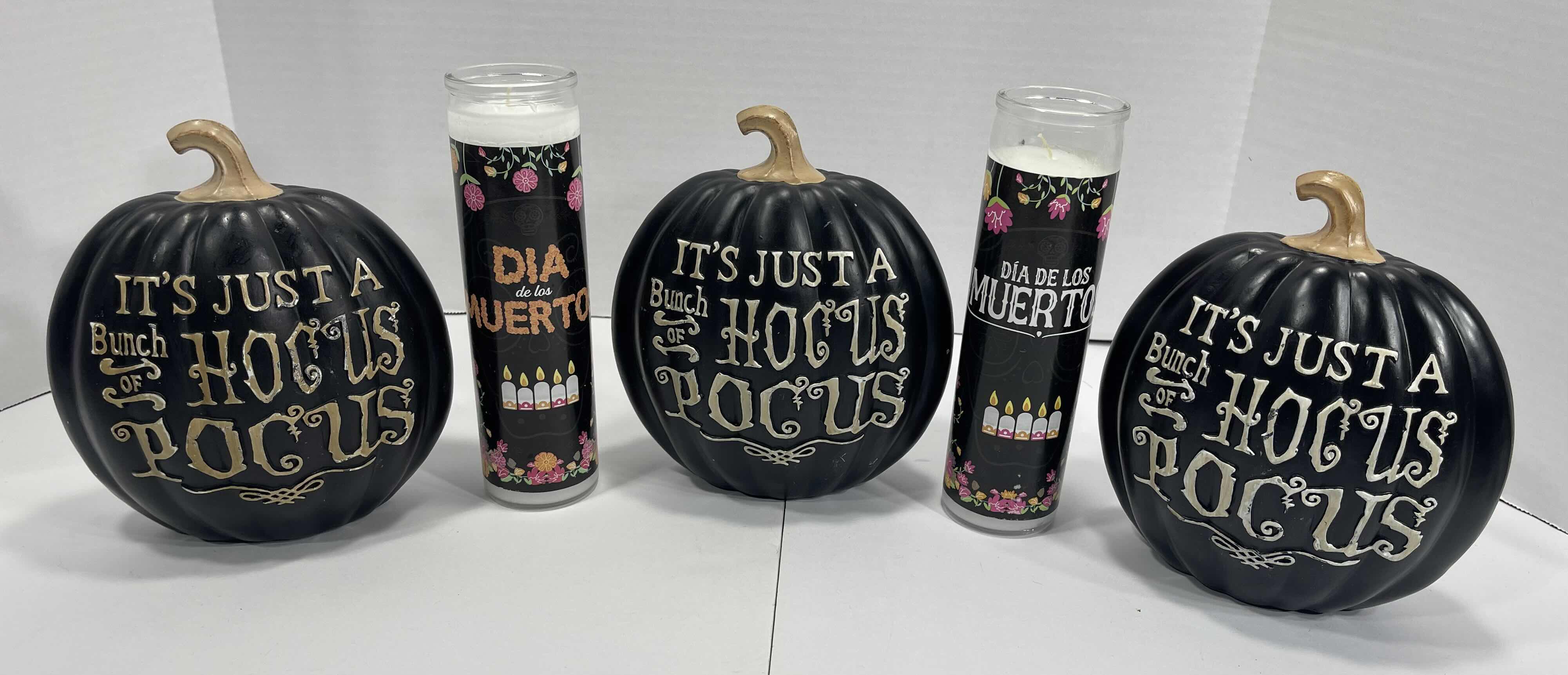 Photo 1 of HALLOWEEN HOME DECOR - RESIN HOCUS POCUS BLACK PUMPKINS 7.5” (3) & DAY OF THE FEAD CANDLE JARS 8” (2)