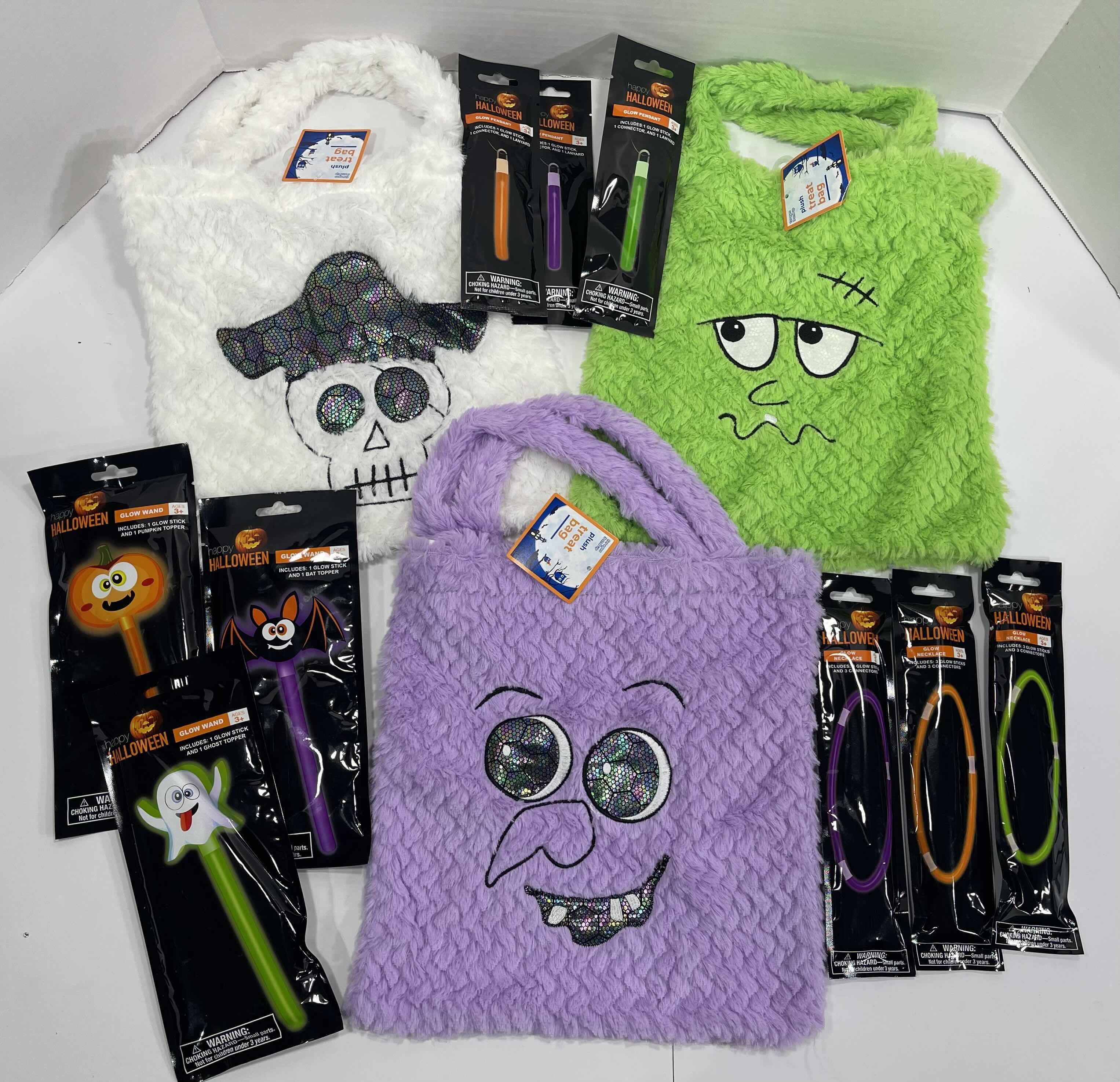 Photo 1 of HALLOWEEN PLUSH TREAT PAILS 12” (3) AND GLOW NECKLACES, WANDS & PENDANTS (3 EACH) NEW MSRP $45