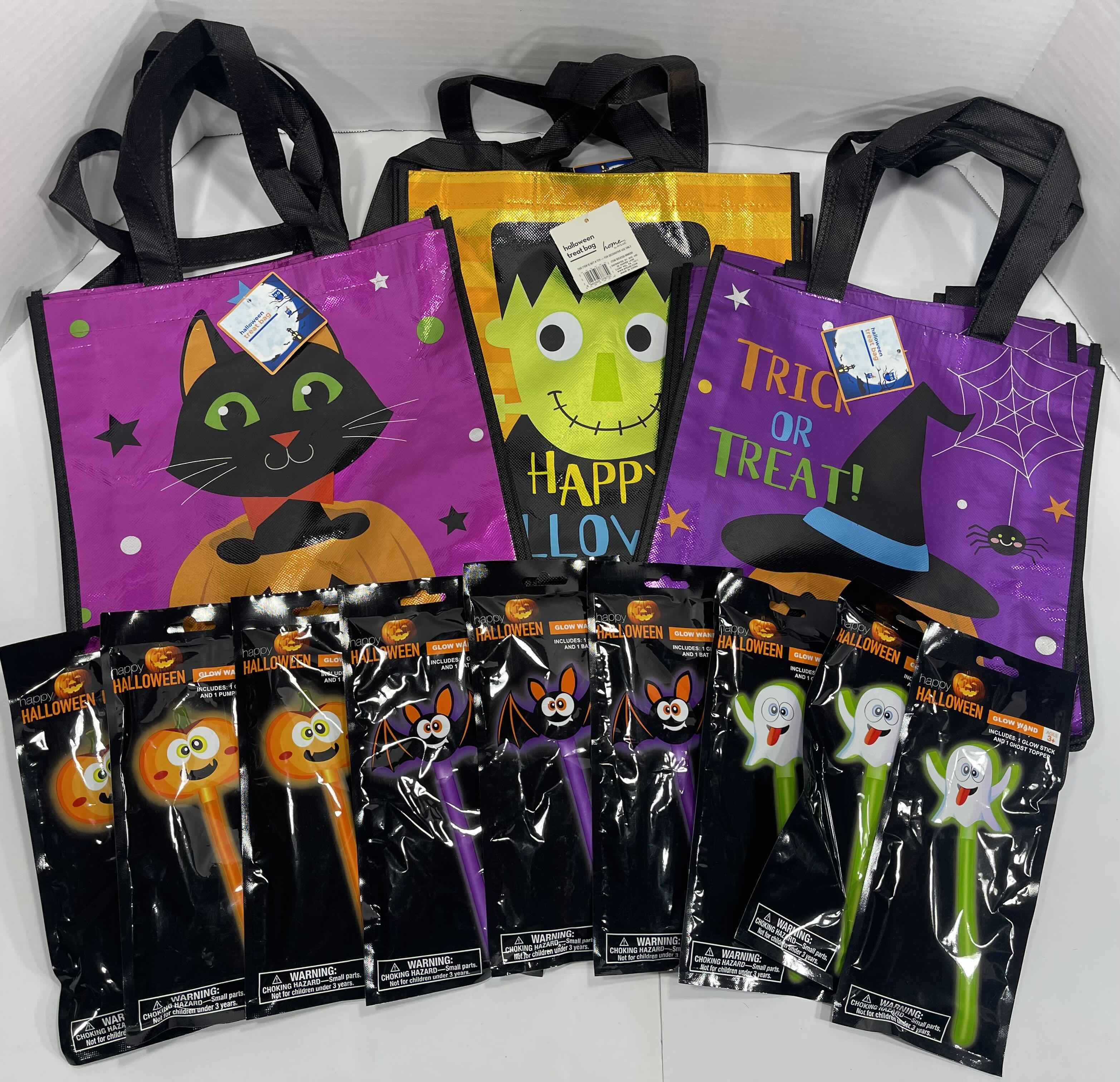 Photo 1 of HALLOWEEN TREAT BAGS 13” (3) OF EACH STYLE - 9 TOTAL AND GLOW WANDS (9) MSRP $60