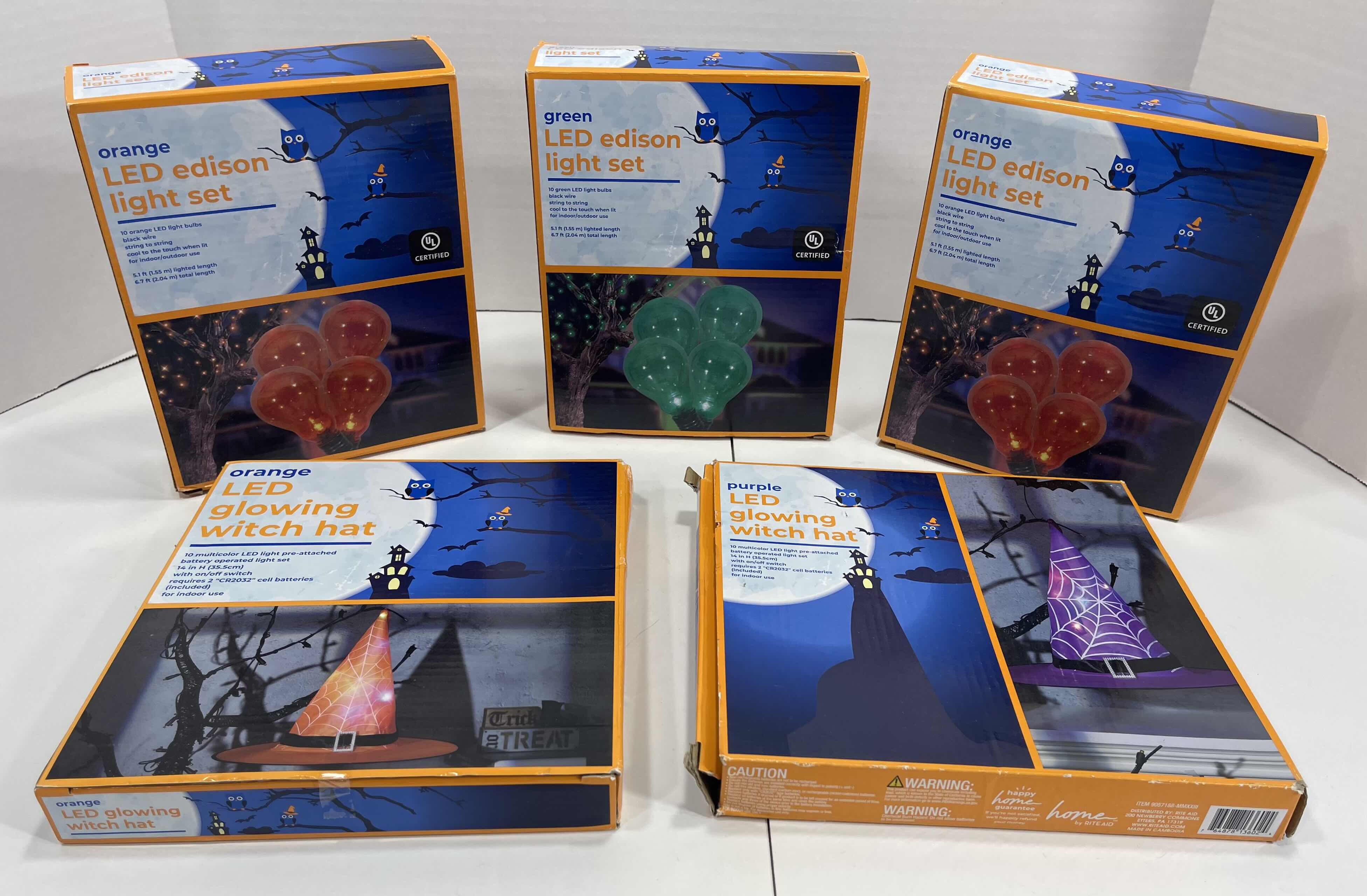 Photo 1 of HALLOWEEN LED EDISON LIGHT SETS (3) & LED GLOWING WITCH HATS (2) MULTICOLORS MSRP $90