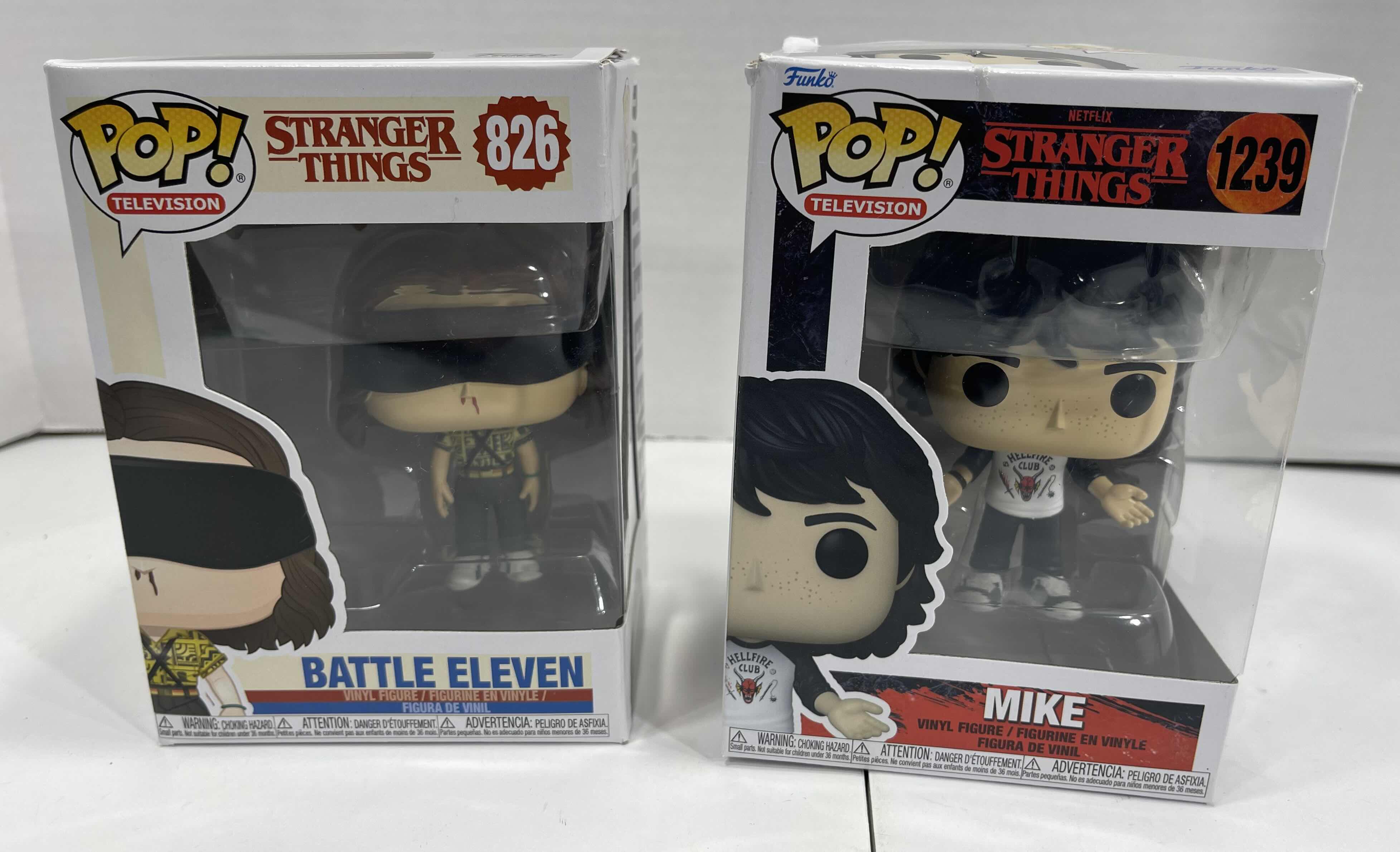 Photo 1 of FUNKO POPS (2) - STRANGER THINGS MIKE #1239 & BATTLE ELEVEN #826 NEW