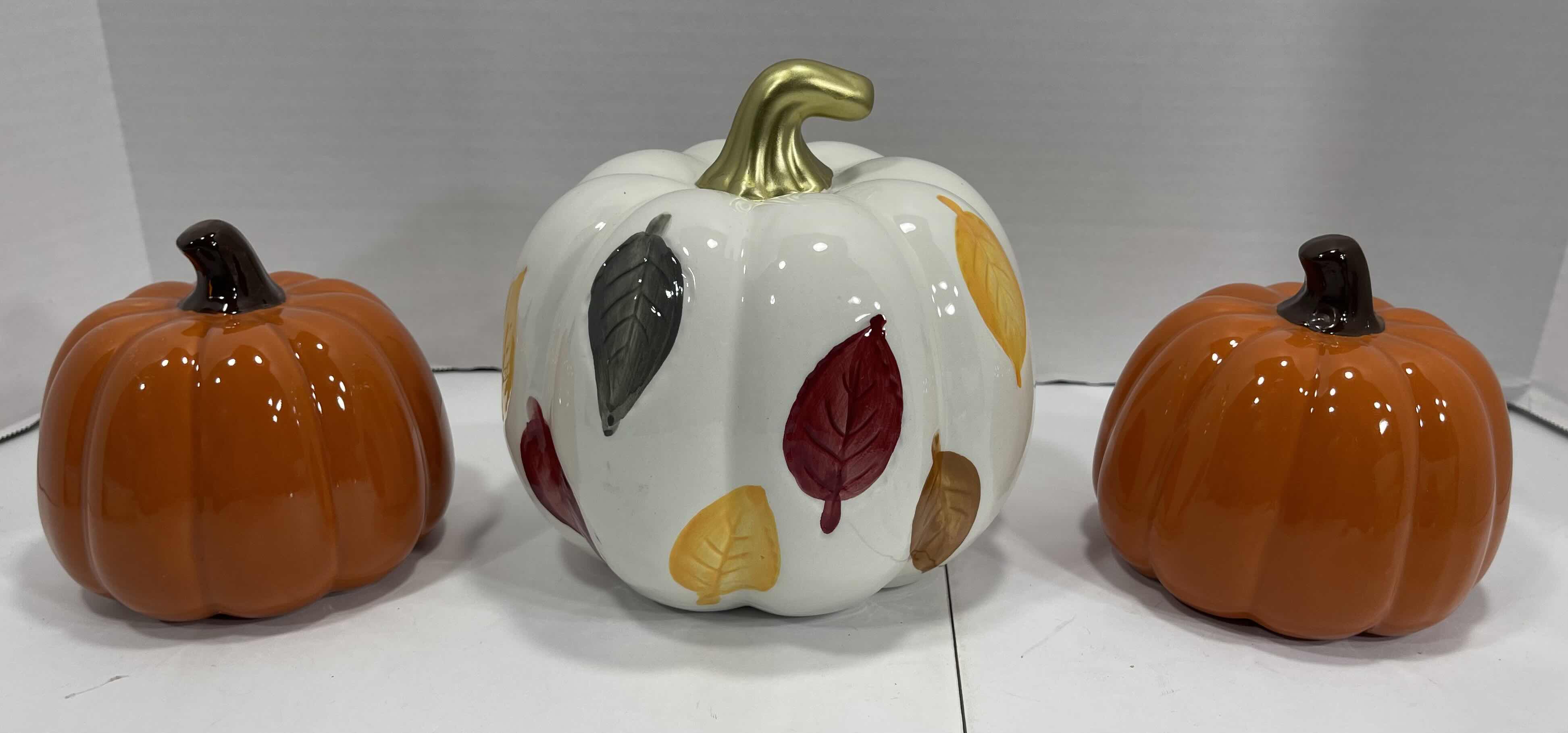 Photo 4 of FALL INTO AUTUMN CERAMIC PUMPKINS (3) - HELLO PUMPKIN H4.5” & AUTUMN LEAVES H6.5” 