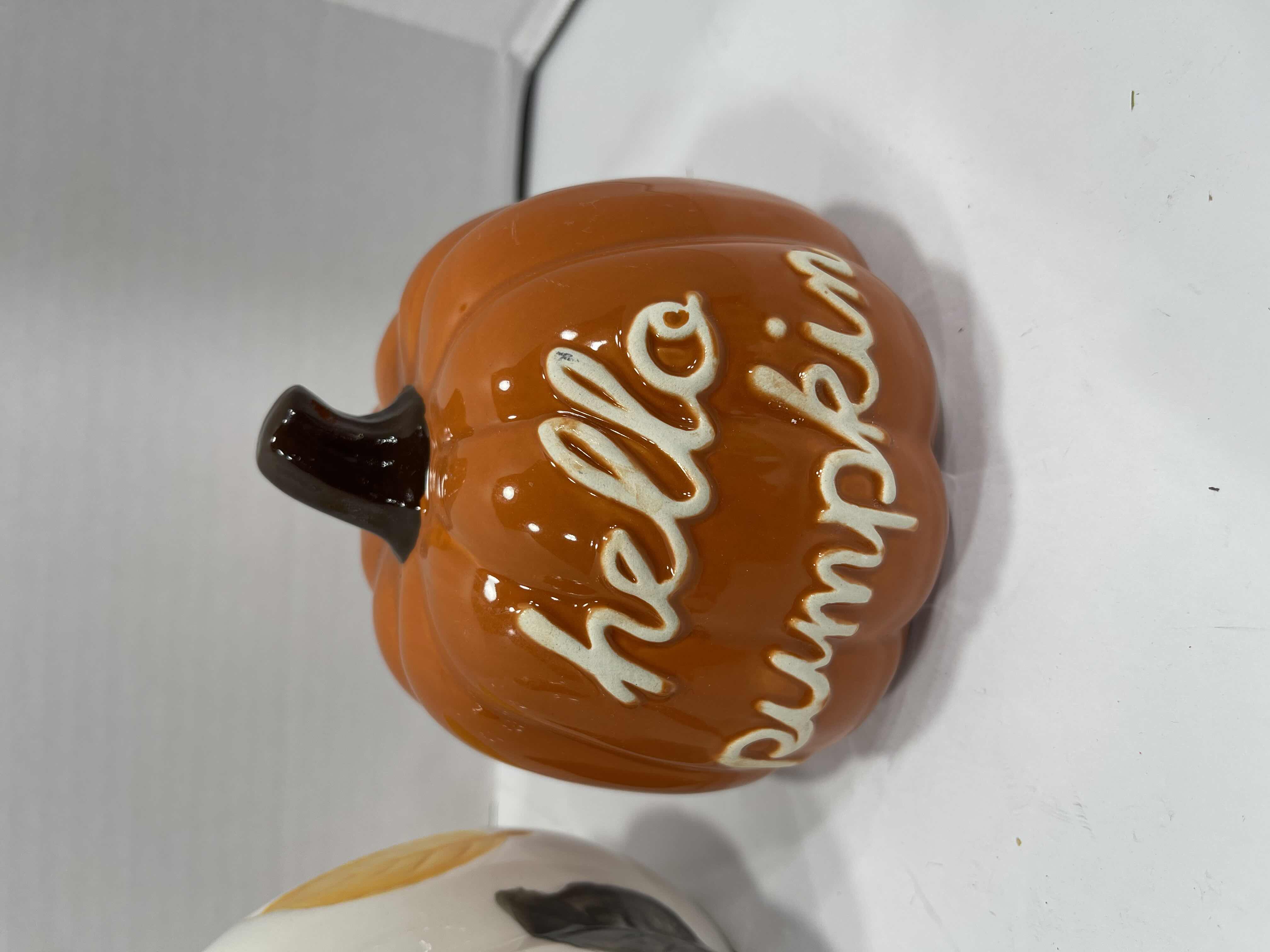 Photo 2 of FALL INTO AUTUMN CERAMIC PUMPKINS (3) - HELLO PUMPKIN H4.5” & AUTUMN LEAVES H6.5” 