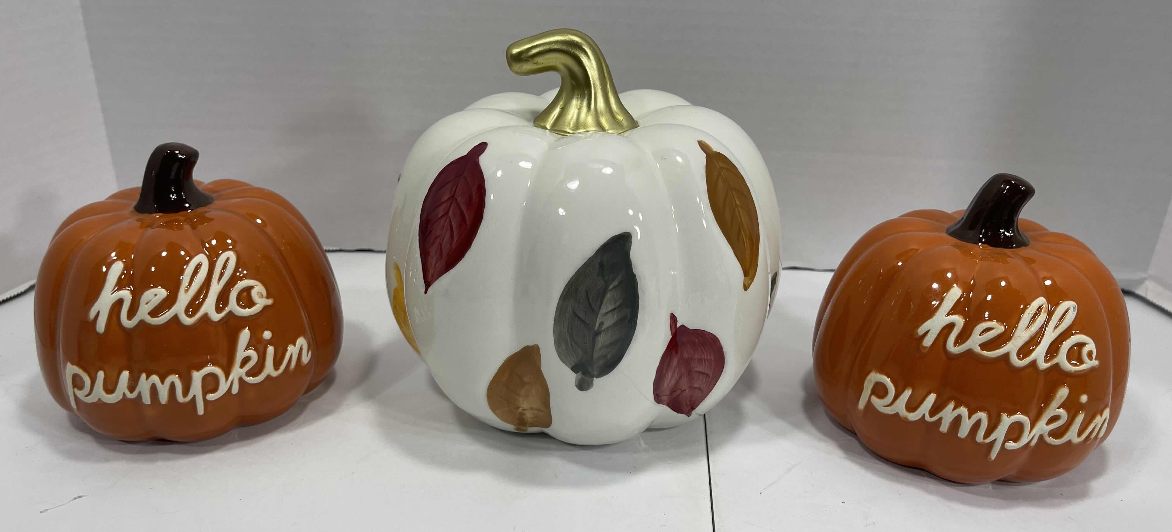 Photo 1 of FALL INTO AUTUMN CERAMIC PUMPKINS (3) - HELLO PUMPKIN H4.5” & AUTUMN LEAVES H6.5” 