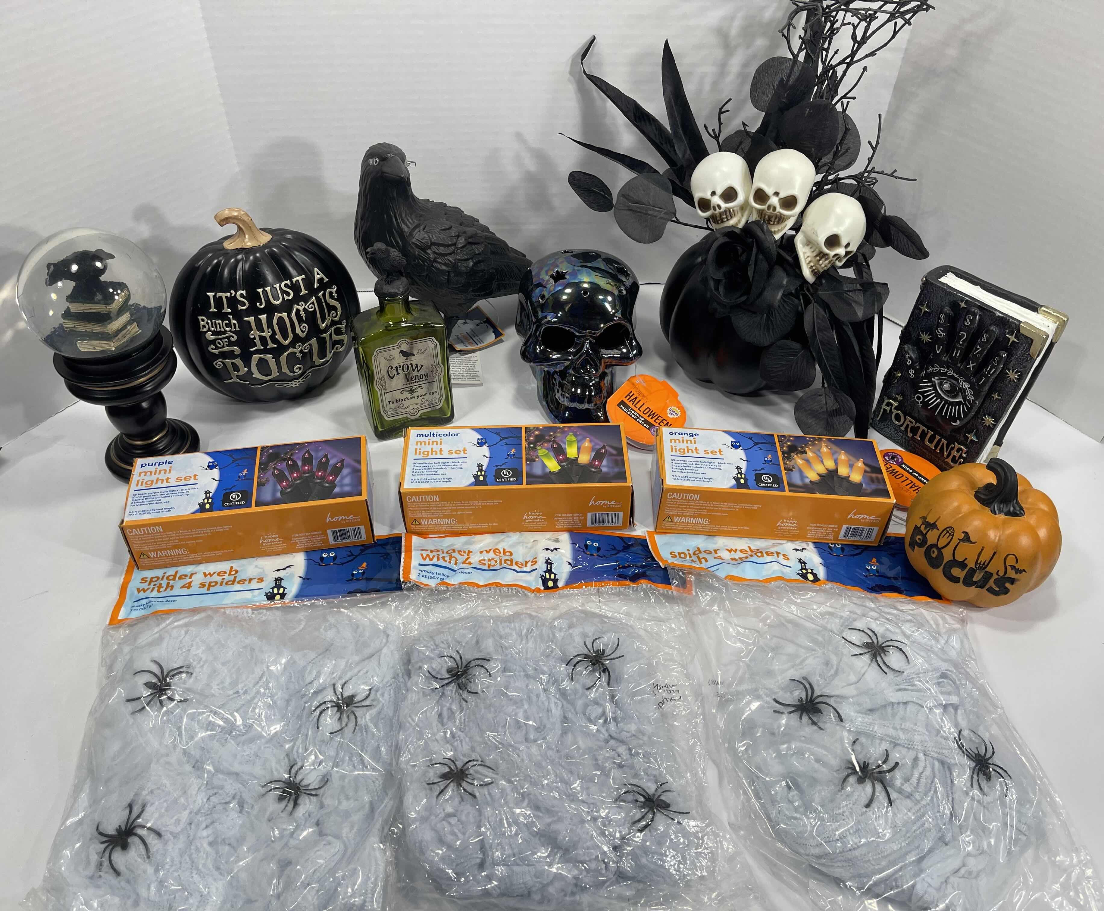 Photo 1 of HALLOWEEN HOME TABLE TOP DECOR (14 ITEMS) -  SPIDER WEBS, LIGHT SETS, GLASS BOTTLE, RAVEN WATER-GLOBE, RESIN DECOR ETC MSRP $100