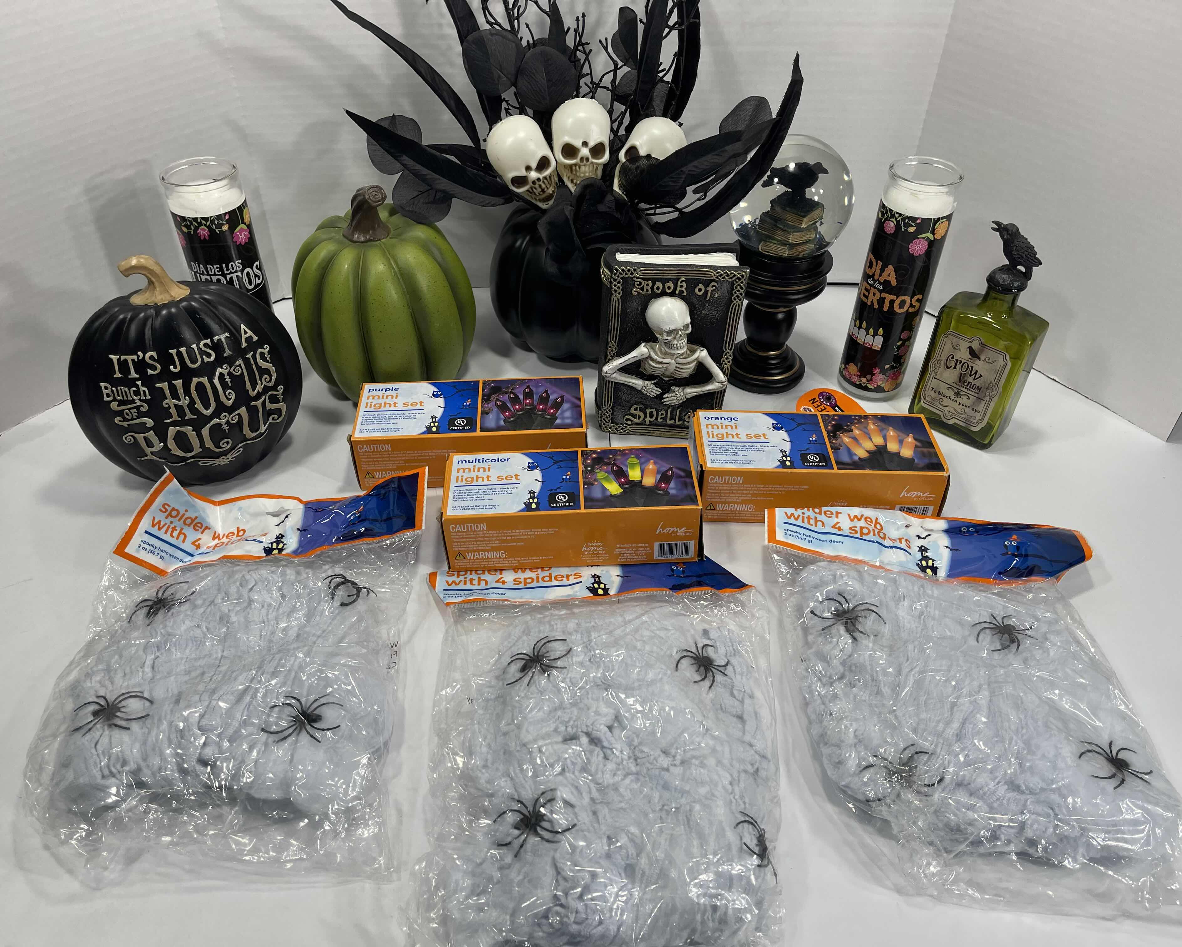 Photo 1 of HALLOWEEN HOME TABLE TOP DECOR (14 ITEMS) -  SPIDER WEBS, LIGHT SETS, GLASS BOTTLE, RAVEN WATER-GLOBE, RESIN DECOR ETC MSRP $100