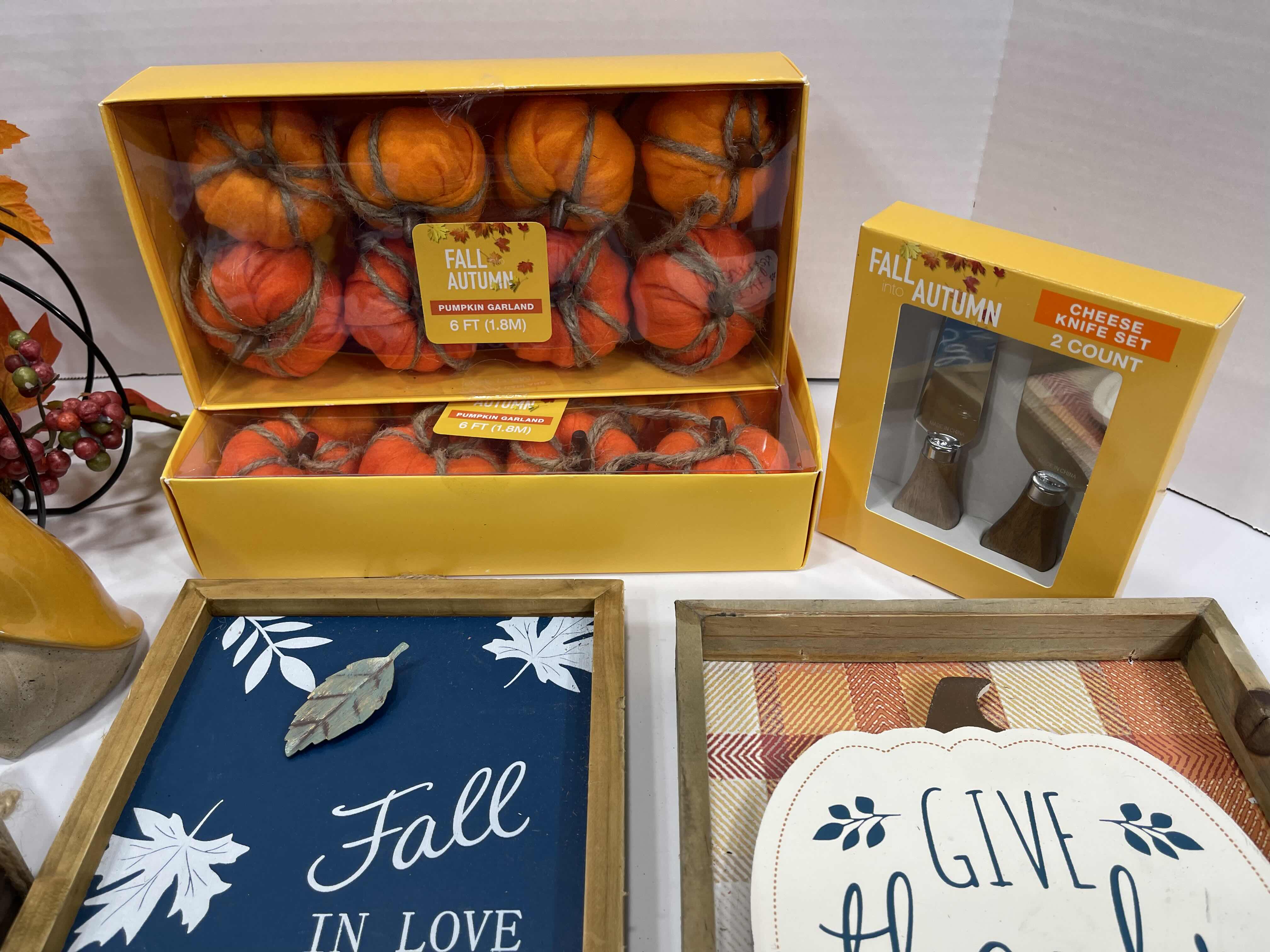 Photo 5 of FALL AUTUMN HOME DECOR (16 ITEMS) - WOOD SIGNS, HARVEST DECOR, GARLAND, HEDGEHOG MINI BOUCLE PUMPKINS, CHEESE KNIFE SET & CERAMIC GNOME AND PUMPKIN MSRP $100