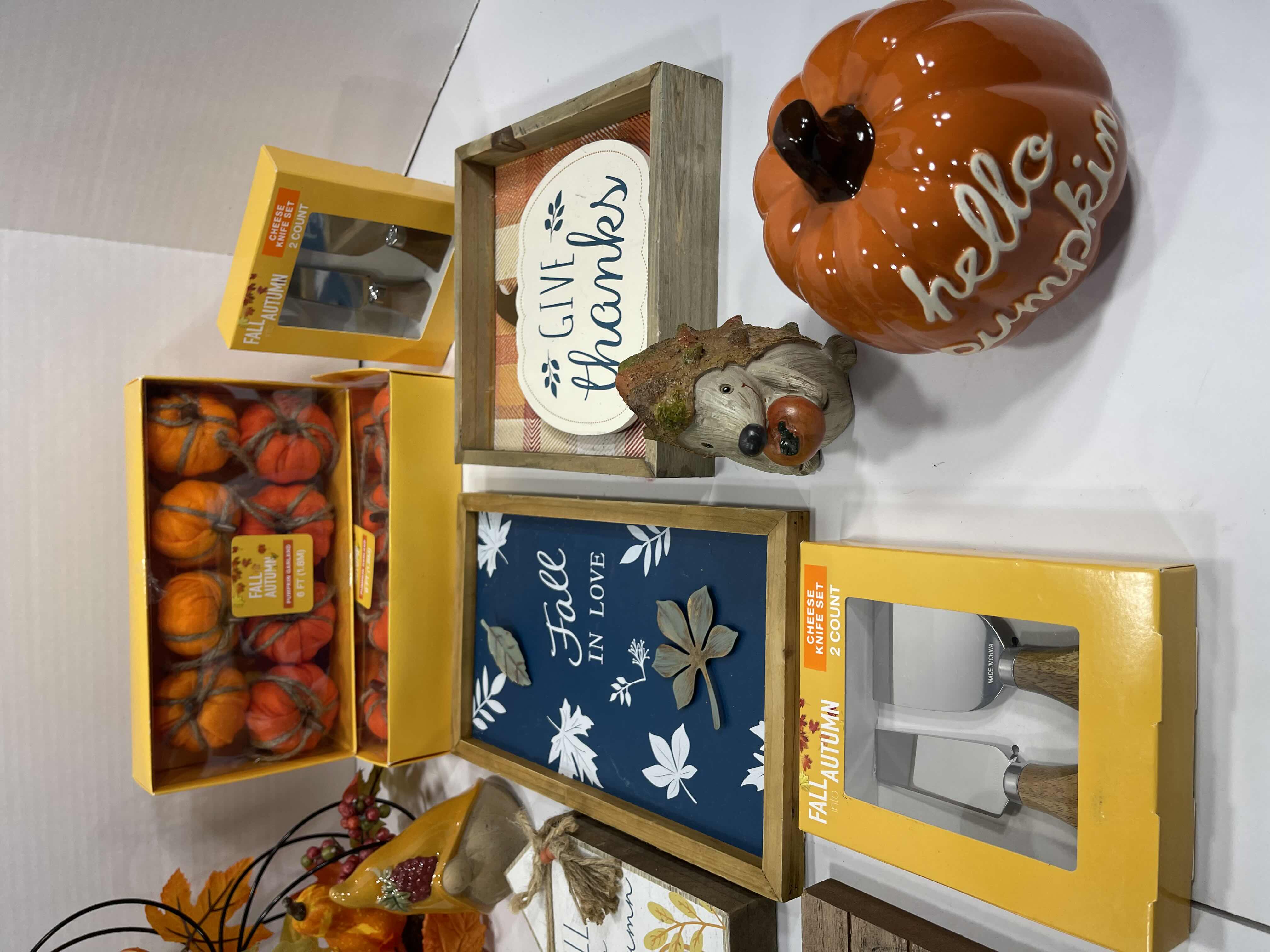 Photo 4 of FALL AUTUMN HOME DECOR (16 ITEMS) - WOOD SIGNS, HARVEST DECOR, GARLAND, HEDGEHOG MINI BOUCLE PUMPKINS, CHEESE KNIFE SET & CERAMIC GNOME AND PUMPKIN MSRP $100