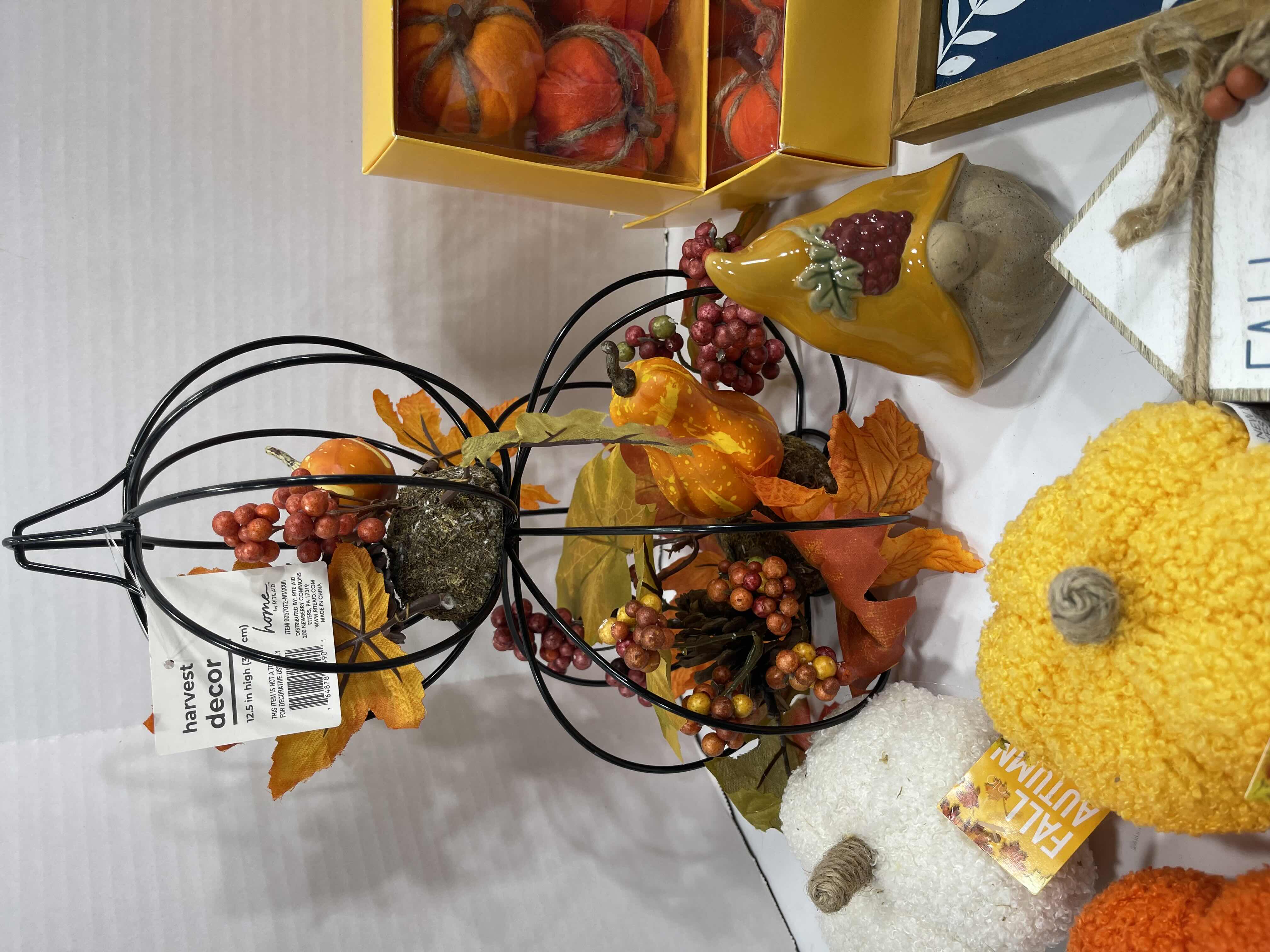 Photo 3 of FALL AUTUMN HOME DECOR (16 ITEMS) - WOOD SIGNS, HARVEST DECOR, GARLAND, HEDGEHOG MINI BOUCLE PUMPKINS, CHEESE KNIFE SET & CERAMIC GNOME AND PUMPKIN MSRP $100