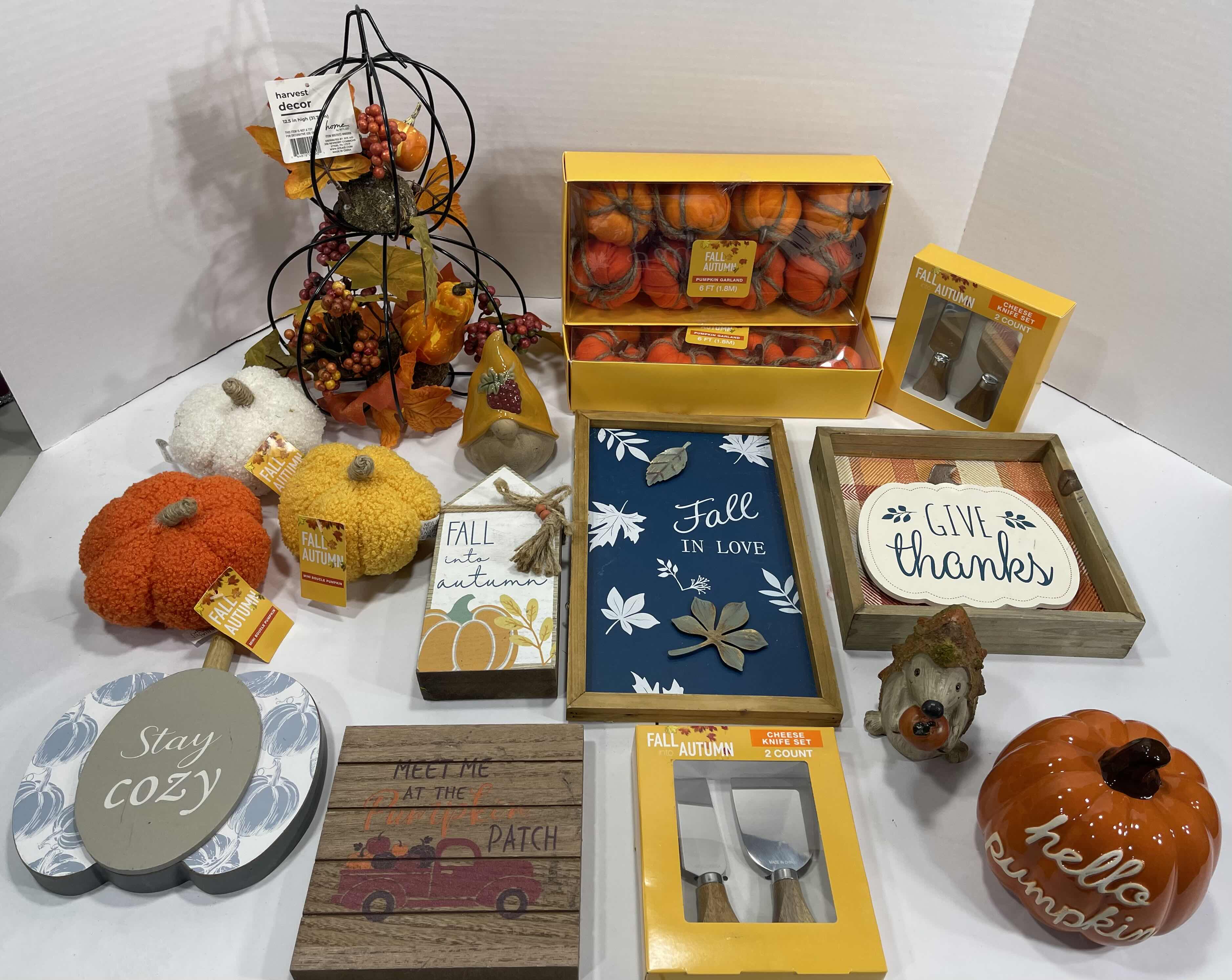 Photo 1 of FALL AUTUMN HOME DECOR (16 ITEMS) - WOOD SIGNS, HARVEST DECOR, GARLAND, HEDGEHOG MINI BOUCLE PUMPKINS, CHEESE KNIFE SET & CERAMIC GNOME AND PUMPKIN MSRP $100