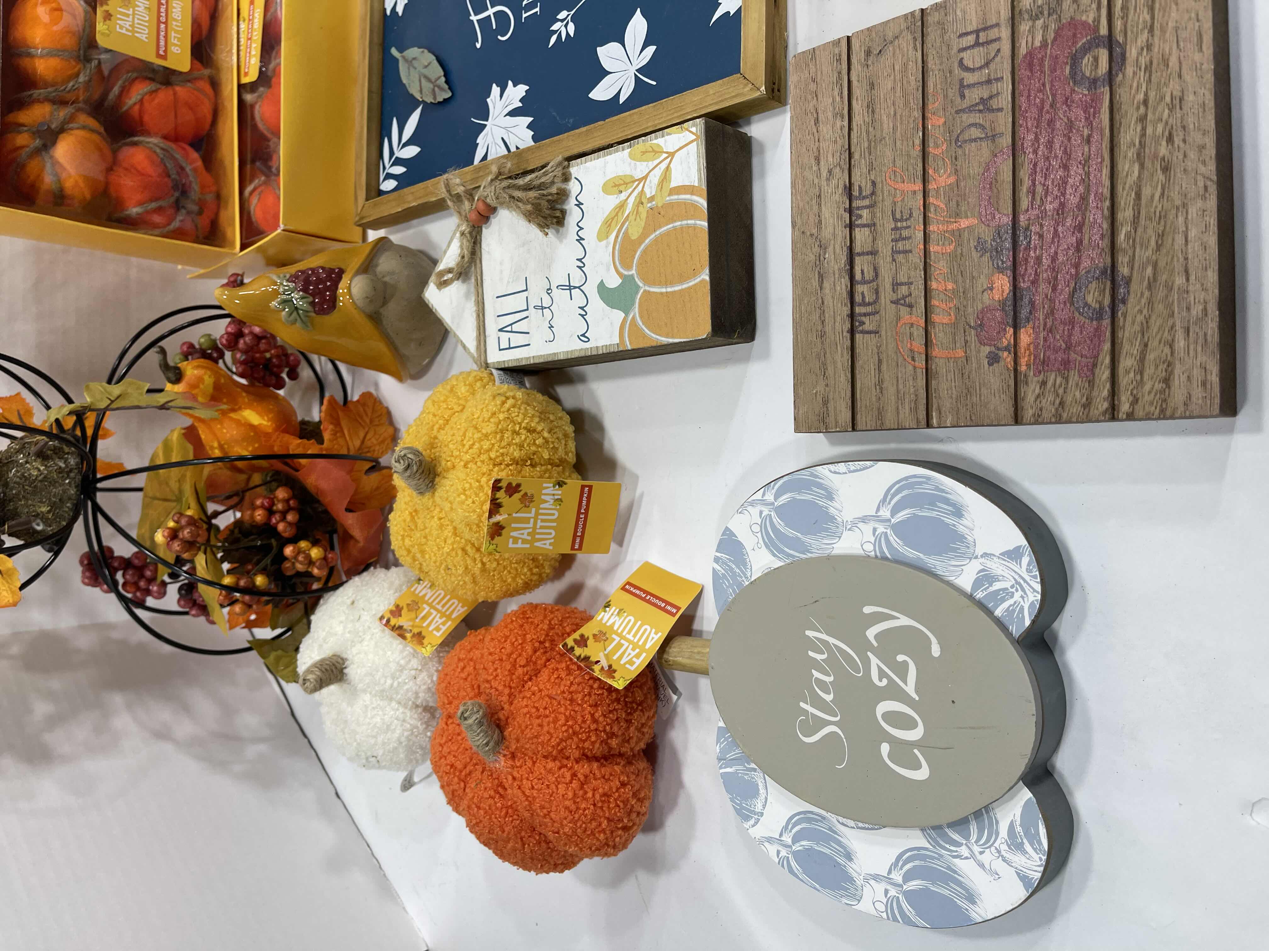 Photo 2 of FALL AUTUMN HOME DECOR (16 ITEMS) - WOOD SIGNS, HARVEST DECOR, GARLAND, HEDGEHOG MINI BOUCLE PUMPKINS, CHEESE KNIFE SET & CERAMIC GNOME AND PUMPKIN MSRP $100