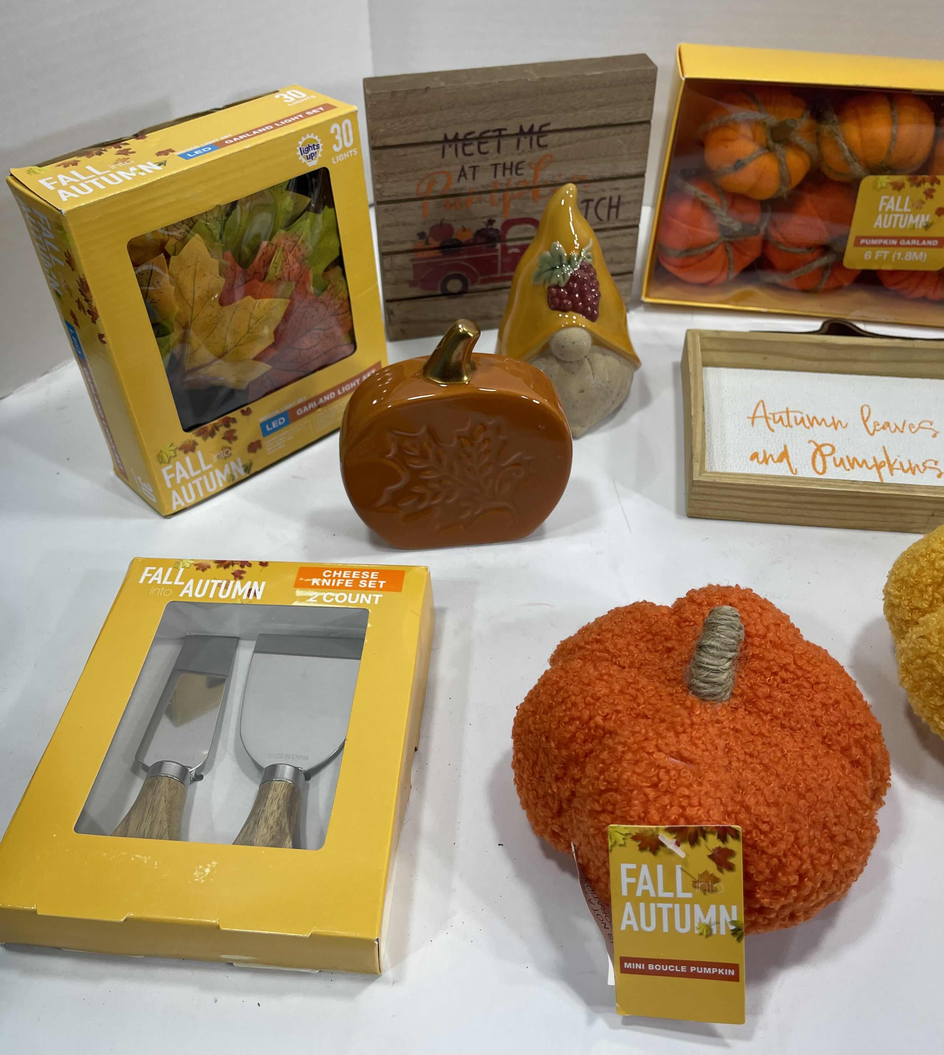 Photo 2 of FALL AUTUMN HOME DECOR (14 ITEMS) - WOOD SIGNS, LED LIGHTS, GARLAND, MINI BOUCLE PUMPKINS, CHEESE KNIFE SET & CERAMIC GNOME AND PUMPKINS MSRP $100