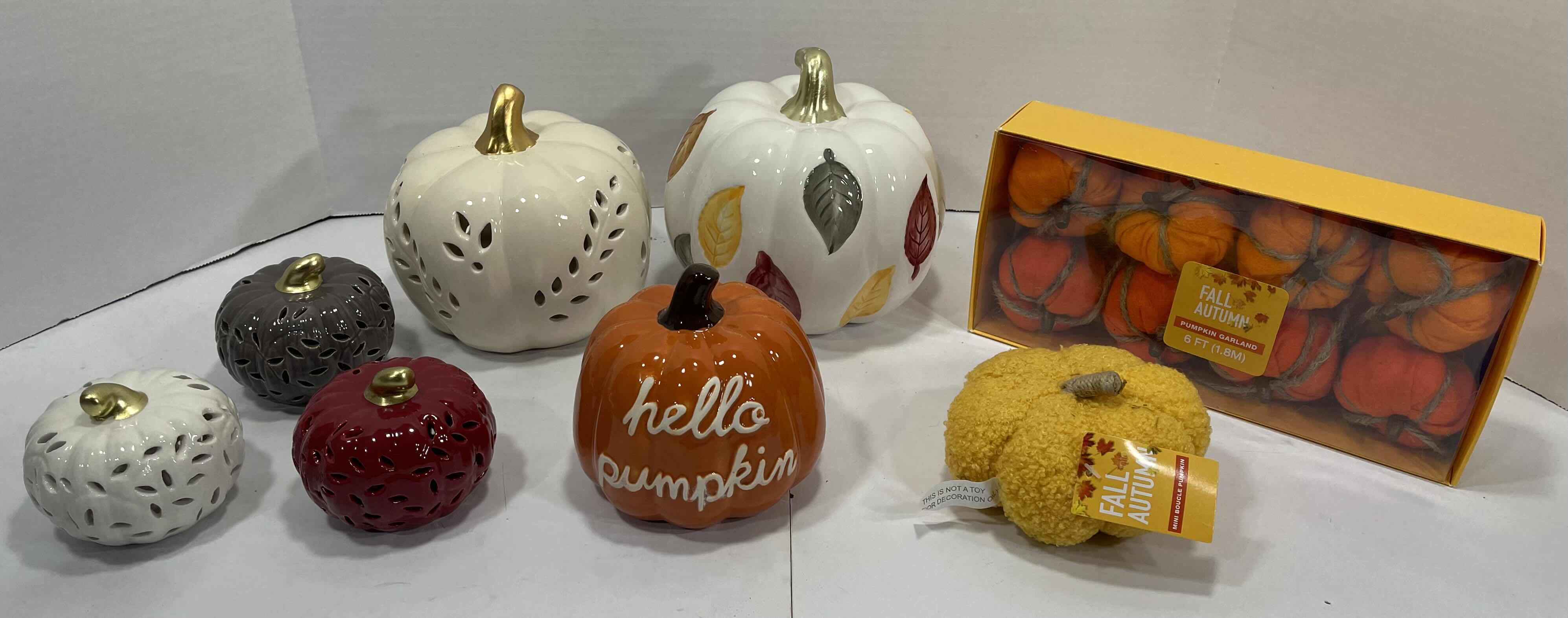 Photo 1 of HOLIDAY CERAMIC PUMPKINS (6) TALLEST 6.5” & AUTUMN FALL HOME DECOR - PUMPKIN GARLAND AND MINI BOUCLE PUMPKIN MSRP $70