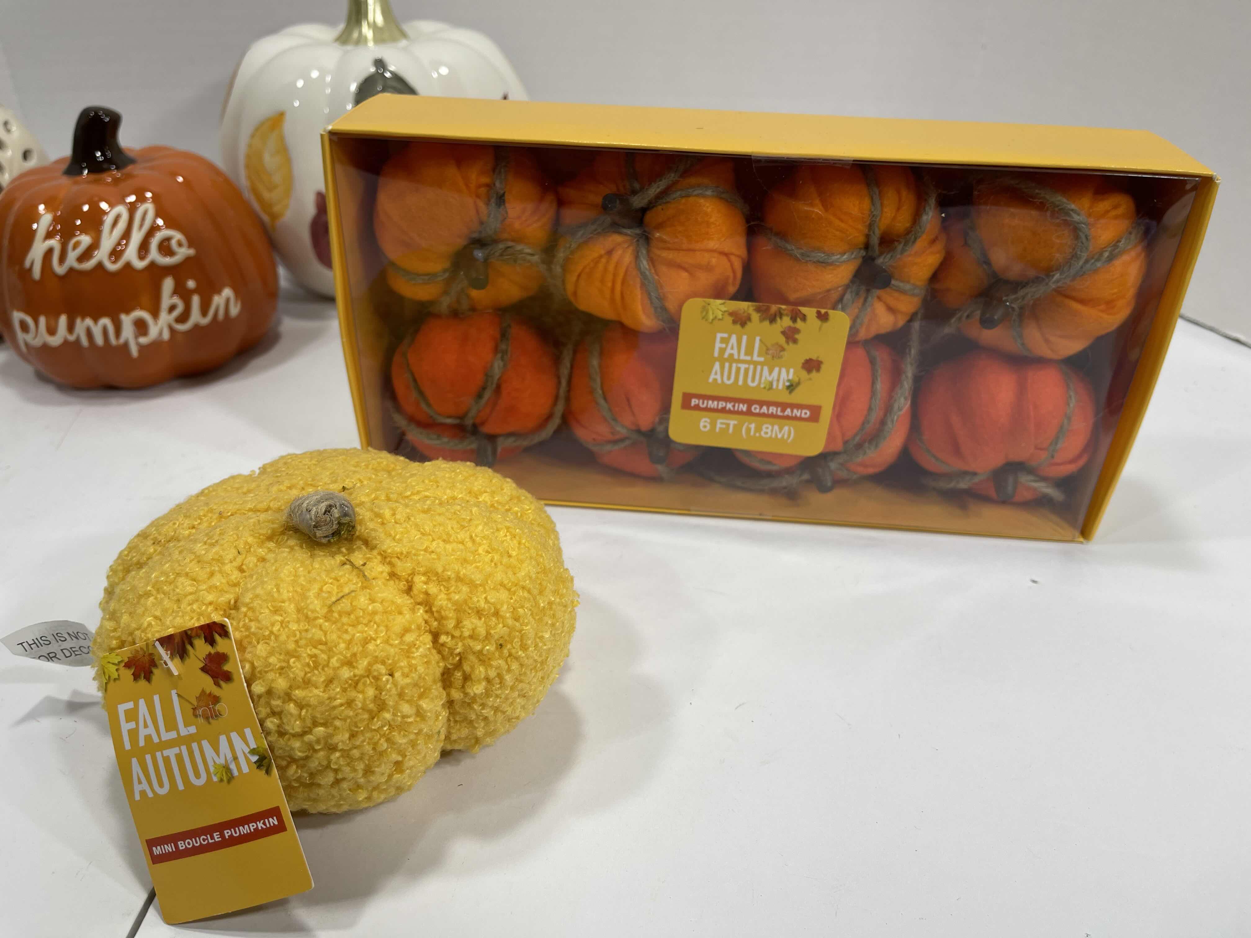 Photo 4 of HOLIDAY CERAMIC PUMPKINS (6) TALLEST 6.5” & AUTUMN FALL HOME DECOR - PUMPKIN GARLAND AND MINI BOUCLE PUMPKIN MSRP $70