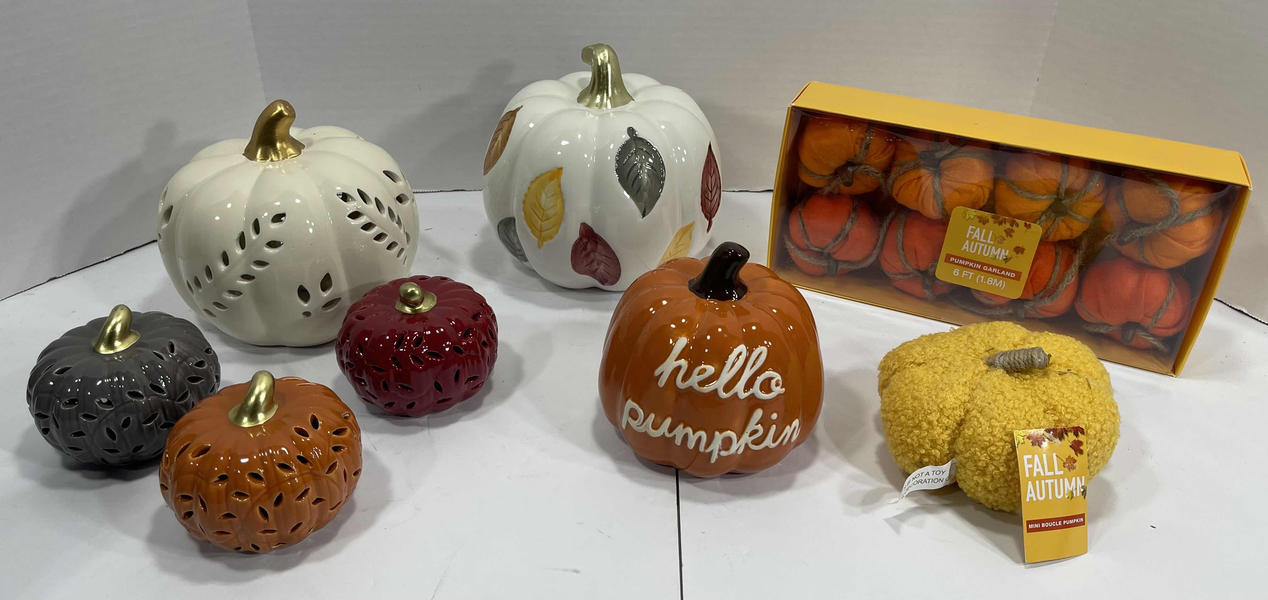 Photo 1 of HOLIDAY CERAMIC PUMPKINS (6) TALLEST 6.5” & AUTUMN FALL HOME DECOR - PUMPKIN GARLAND AND MINI BOUCLE PUMPKIN MSRP $70