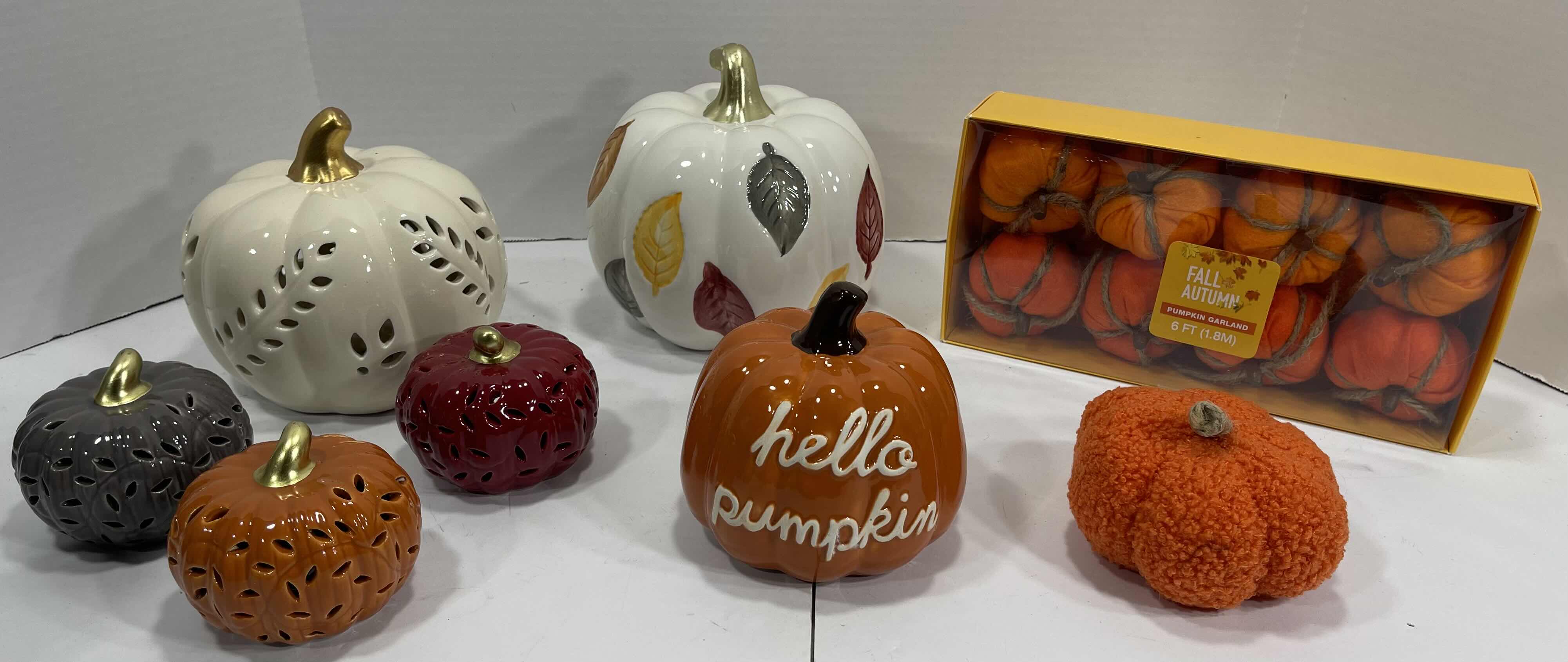 Photo 1 of HOLIDAY CERAMIC PUMPKINS (6) TALLEST 6.5” & AUTUMN FALL HOME DECOR - PUMPKIN GARLAND AND MINI BOUCLE PUMPKIN MSRP $70