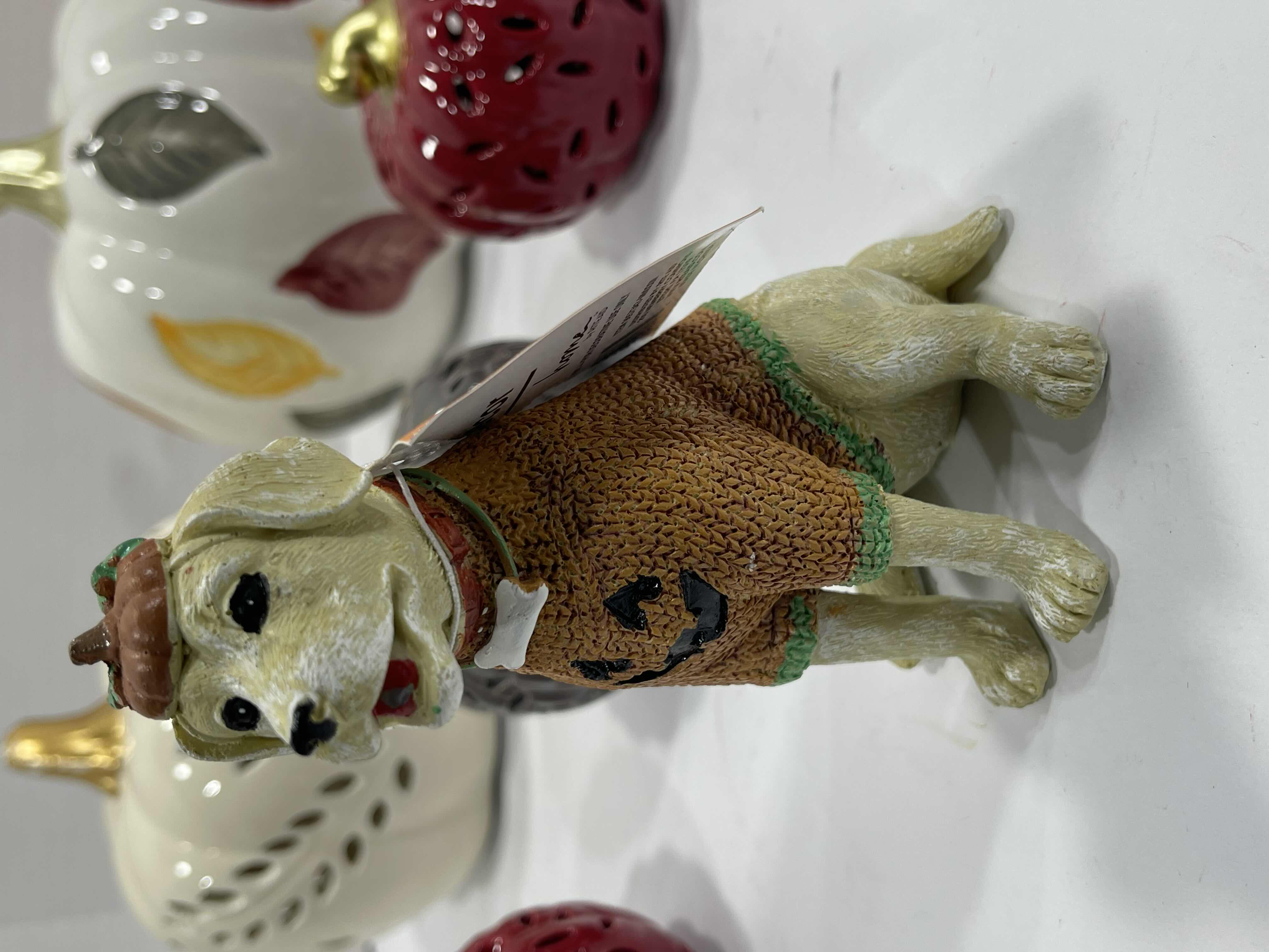 Photo 3 of HOLIDAY CERAMIC PUMPKINS (6) TALLEST 6.5”, HALLOWEEN DOG DECOR H5.5” & AUTUMN FALL HOME DECOR - PUMPKIN GARLAND AND CHEESE KNIFE SET MSRP $80