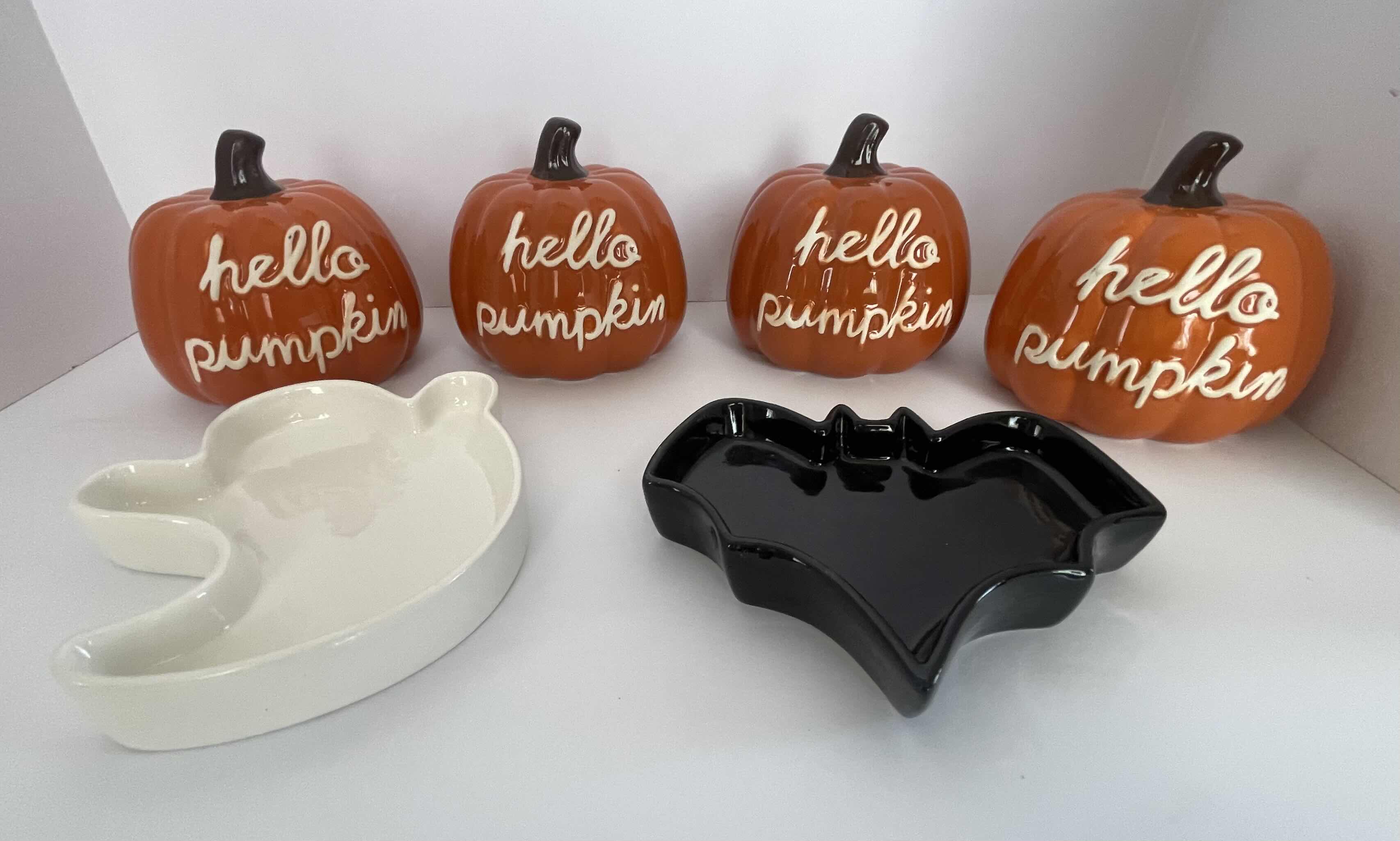 Photo 1 of HOLIDAY HALLOWEEN CERAMIC HELLO PUMPKINS H4.5” (4) & CERAMIC HALLOWEEN GHOST AND BAT CANDY DISHES MSRP $50