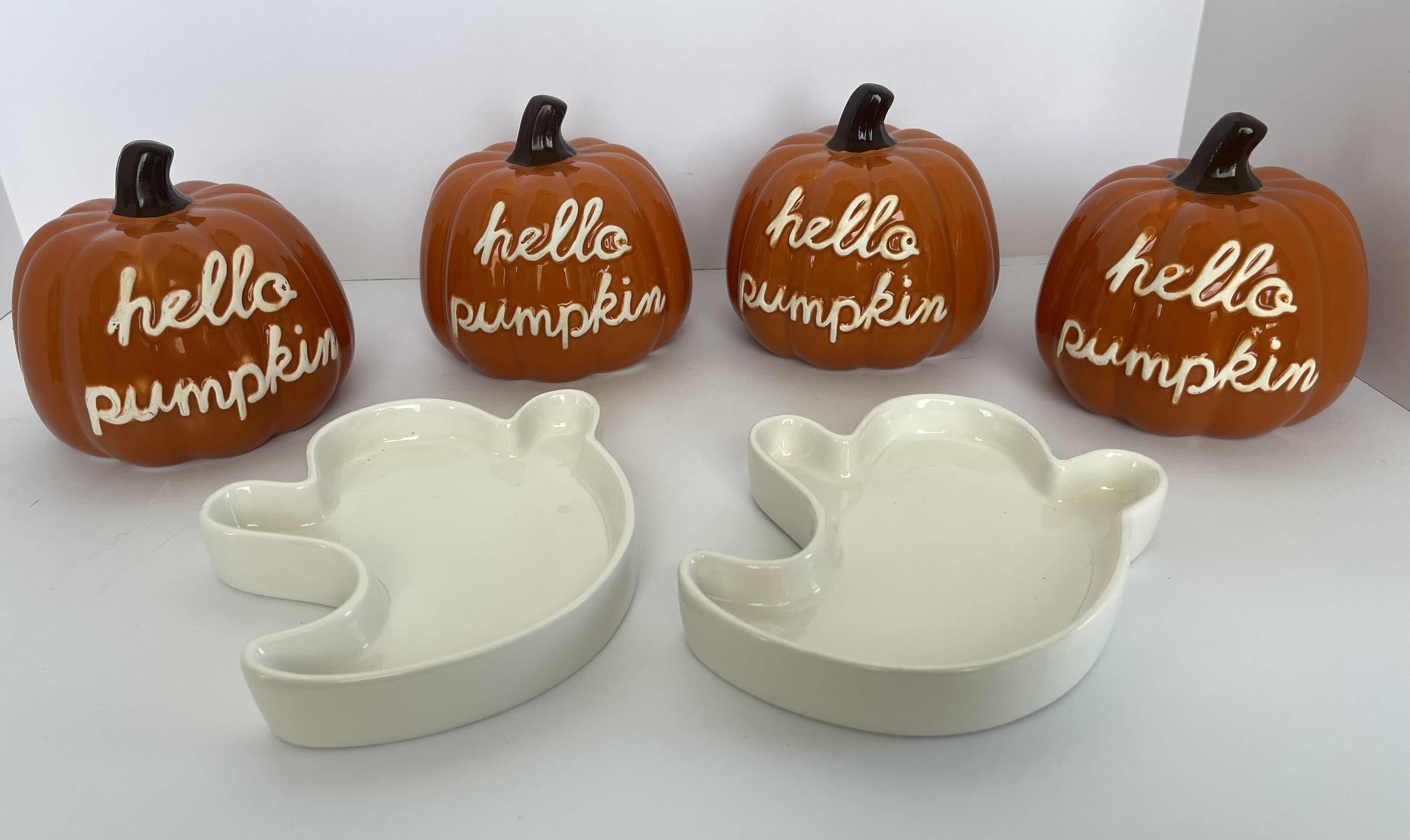 Photo 1 of HOLIDAY HALLOWEEN CERAMIC HELLO PUMPKINS H4.5” (4) & CERAMIC HALLOWEEN GHOST CANDY DISHES (2) MSRP $50