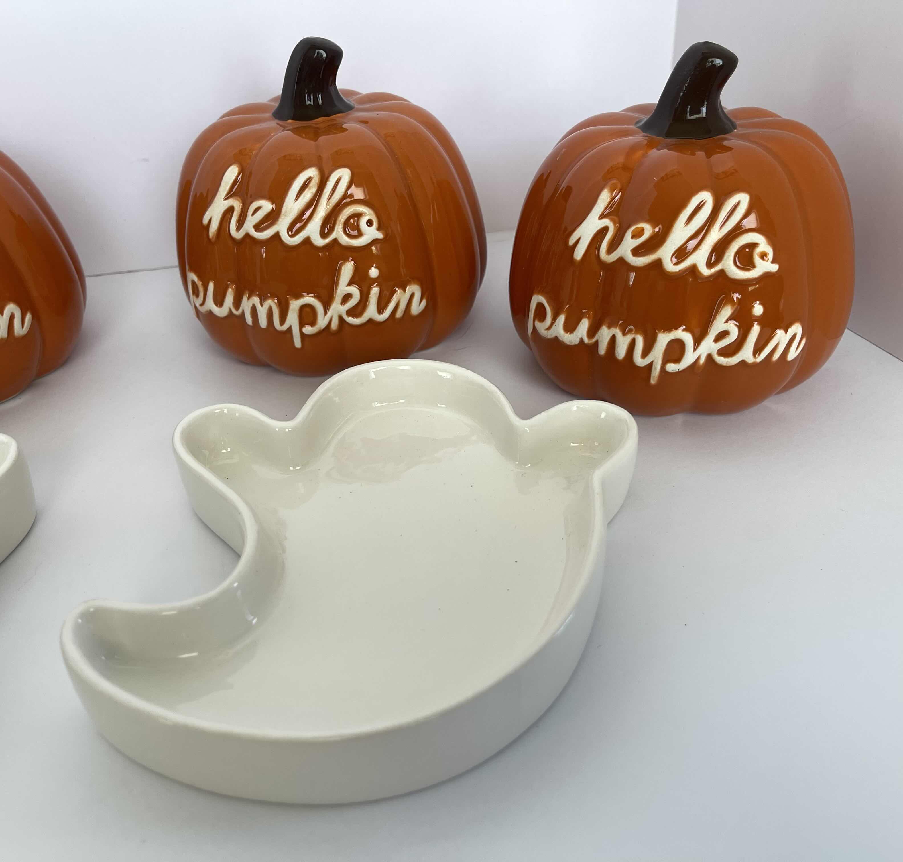 Photo 2 of HOLIDAY HALLOWEEN CERAMIC HELLO PUMPKINS H4.5” (4) & CERAMIC HALLOWEEN GHOST CANDY DISHES (2) MSRP $50