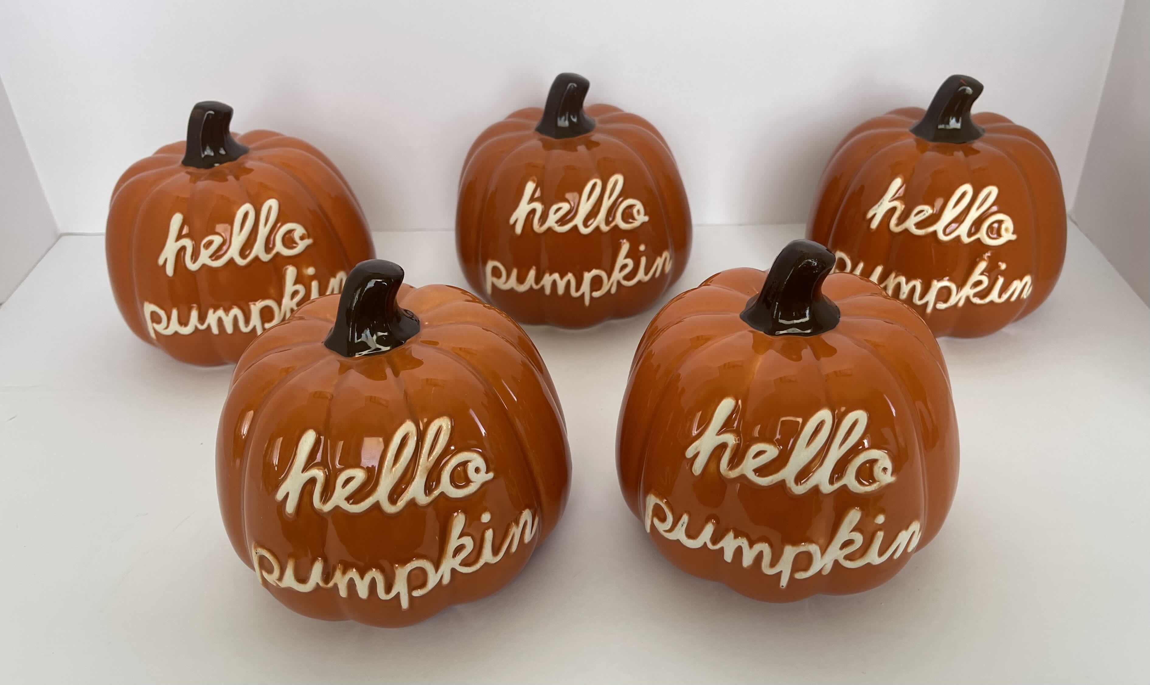 Photo 1 of HOLIDAY HALLOWEEN CERAMIC HELLO PUMPKINS H4.5” (5) MSRP $50