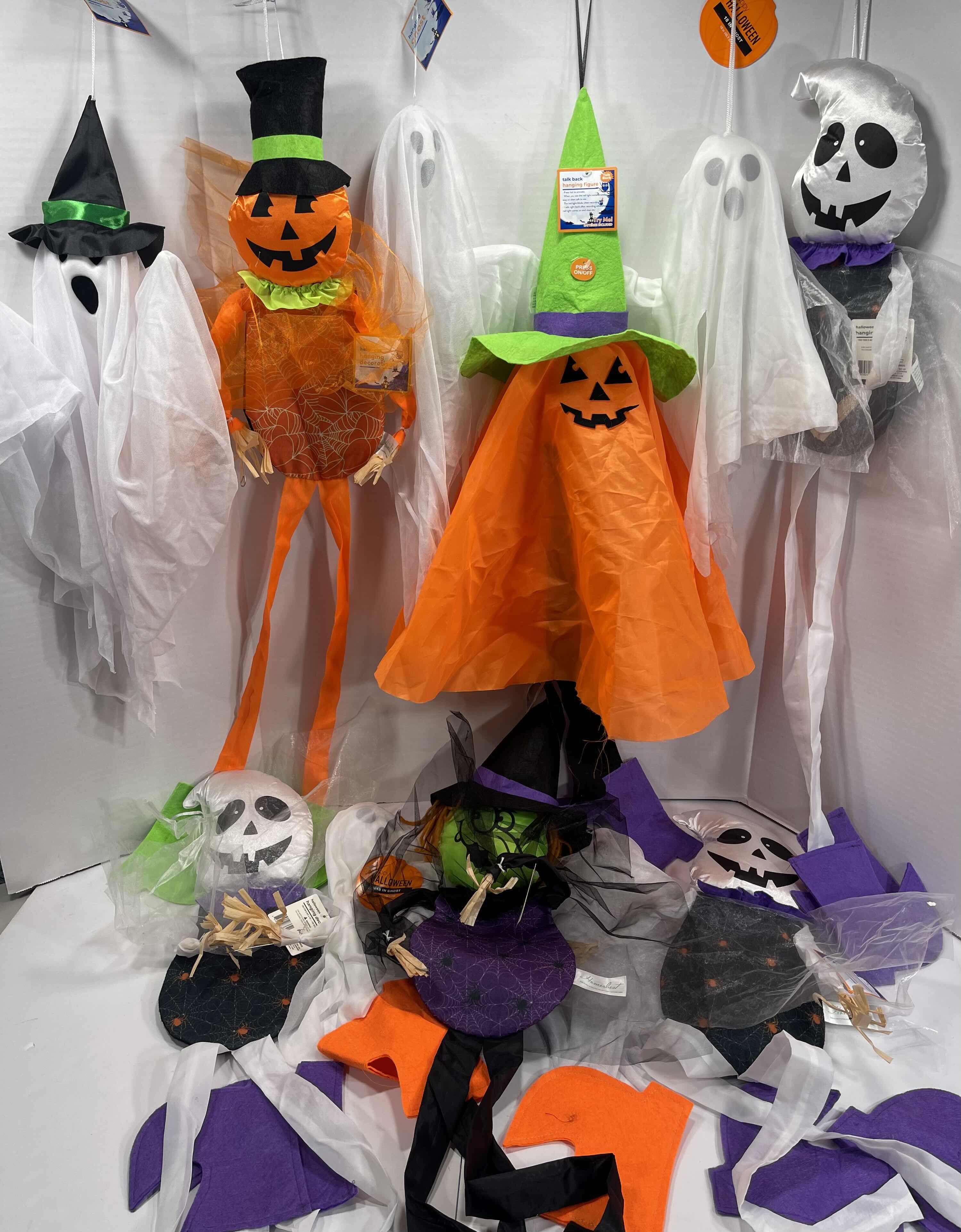 Photo 1 of HALLOWEEN HANGING DECORATIONS LOT (11 ITEMS) - TALK BACK HANGING FIGURE, GHOSTS, WITCH & PUMPKIN  NWT MSRP $90