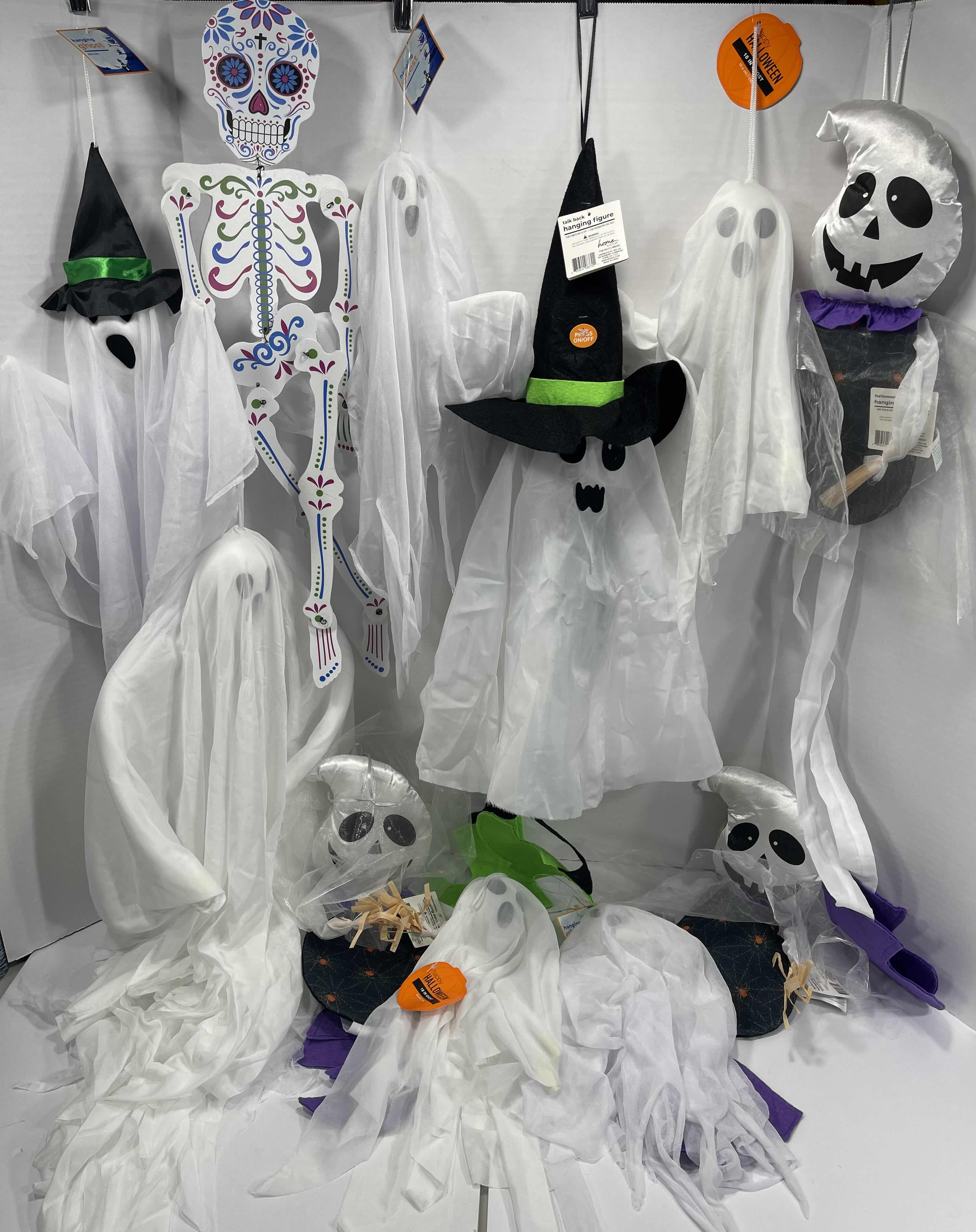 Photo 1 of HALLOWEEN HANGING DECORATIONS LOT (11 ITEMS) - TALK BACK HANGING FIGURE, GHOSTS & SKELETON NWT MSRP $90