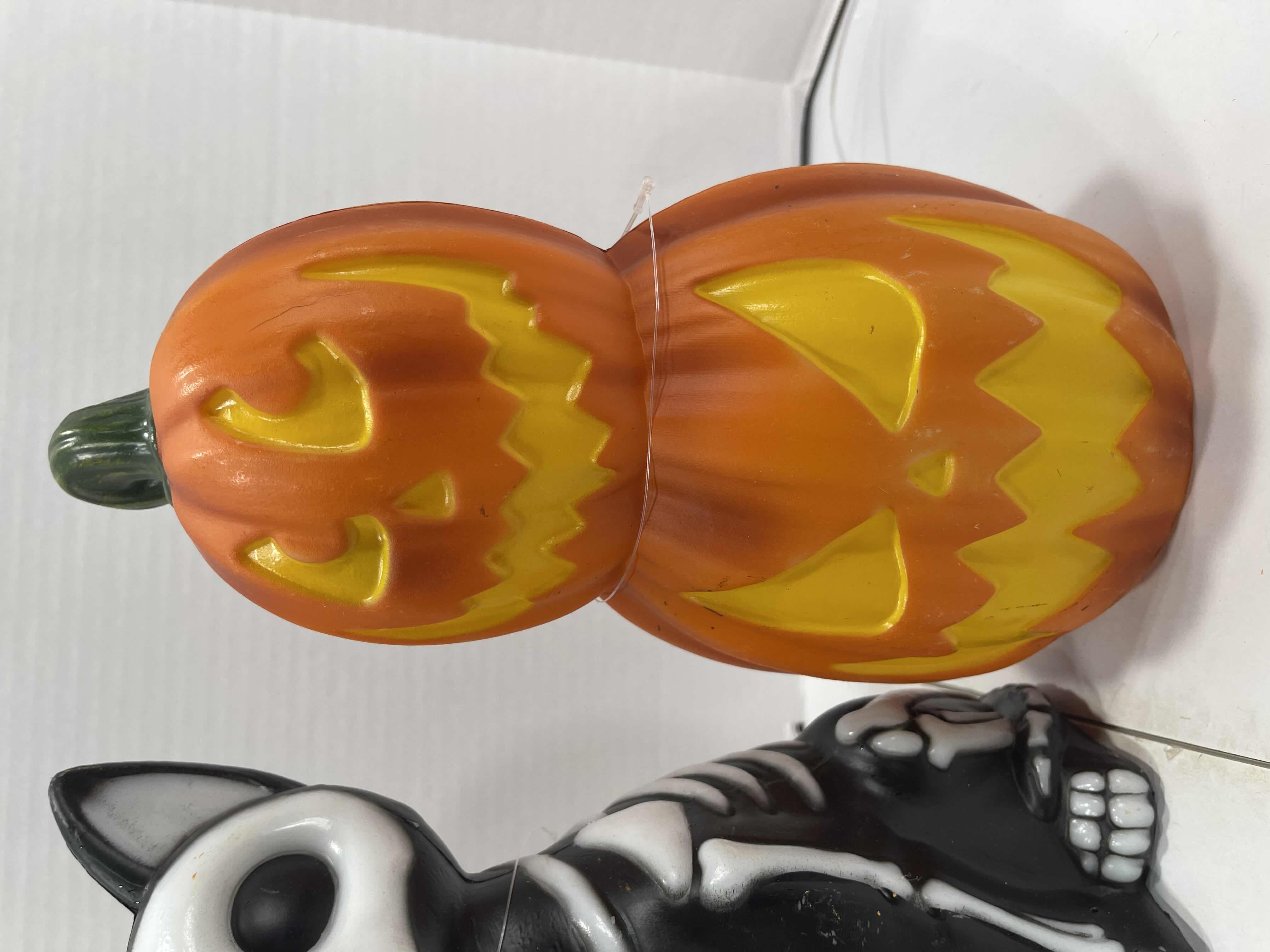 Photo 4 of HALLOWEEN HOME DECOR LIGHT-UP PLASTIC PUMPKINS (2) TALLEST 11” & LIGHT-UP SKELTON PUPPY H11” MSRP $40